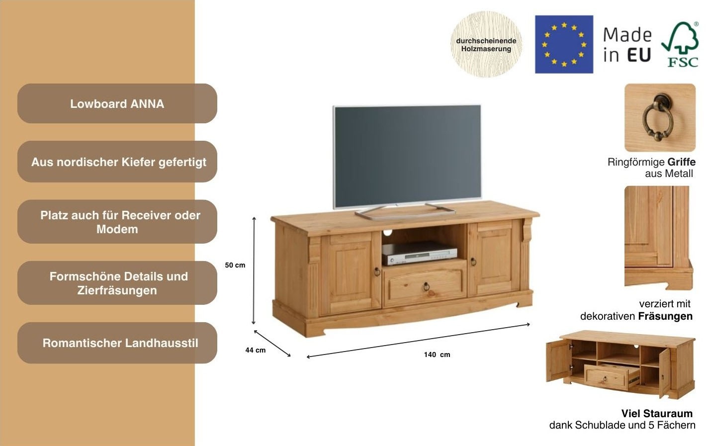 GOODproduct Lowboard »Anna« Gesamtmasse (B/T/H): ca. 140/44/50 cm,  TV-Board, Breite 140 cm, 2 Türen, 1 Schublade, Massivholz, FSC®