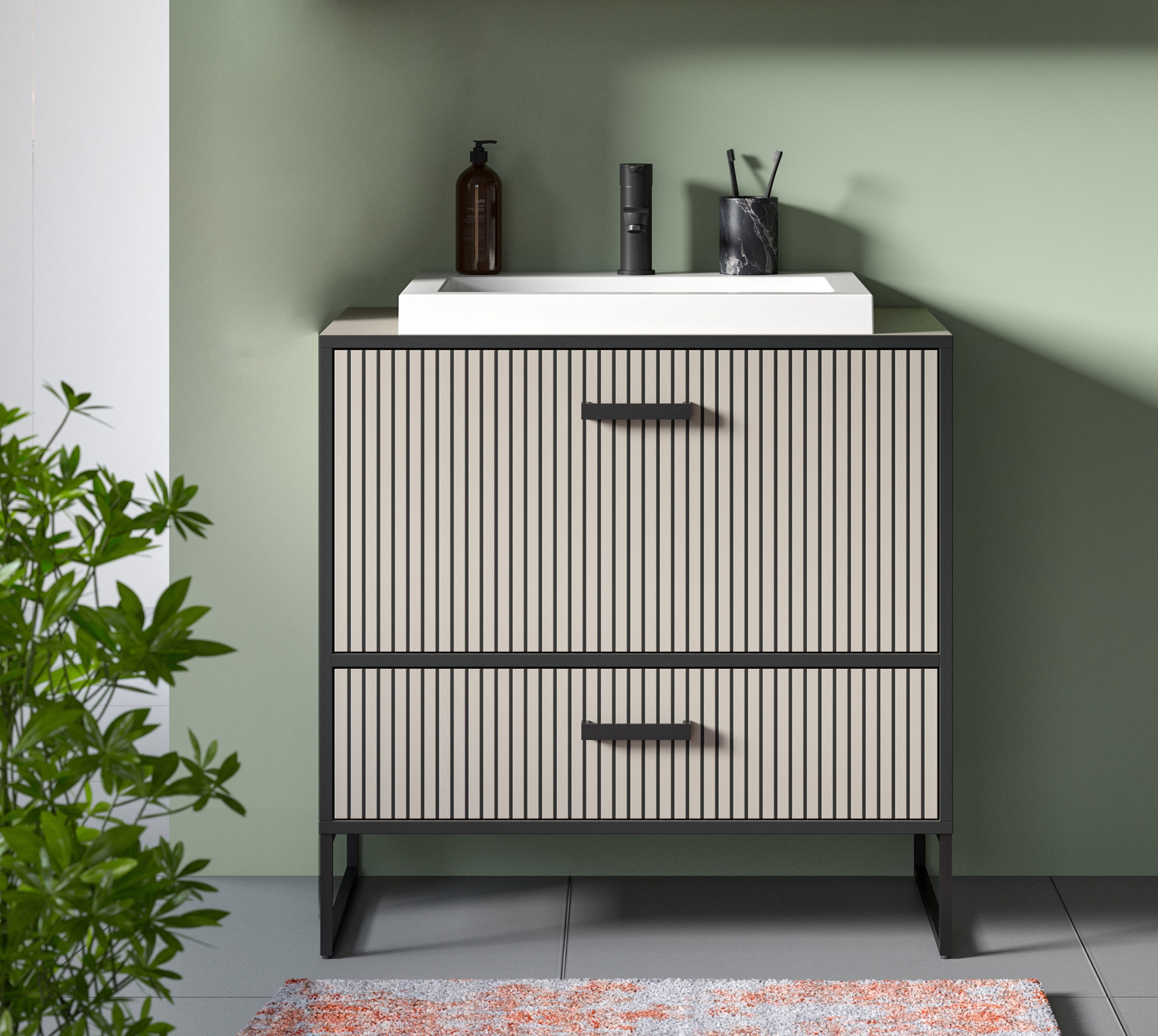 welltime Waschbeckenunterschrank "Locri, Höhe 84 cm, Rillenoptik, Metallkufen" 2 Stk. tlg. Aufsatzwaschbecken, modernes Design, Unterschrank, Badschrank, Bad