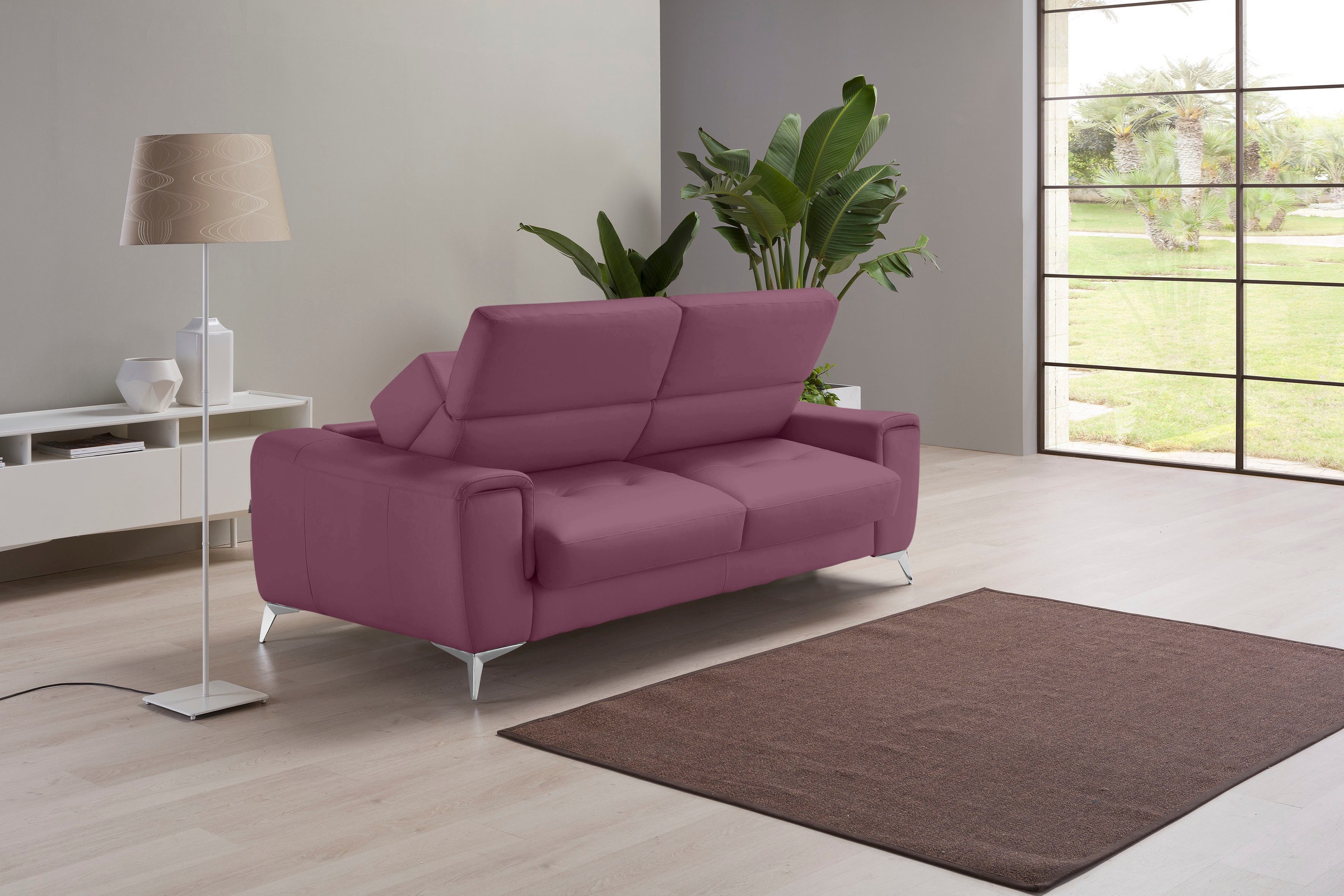 Image of Egoitaliano Schlafsofa "Francine Designsofa, Loungesofa mit Dauerschlaffunktion, Breite 233 cm" mit Bettfunktion, Leder NUVOLE, violett, Fussfarbe chrom