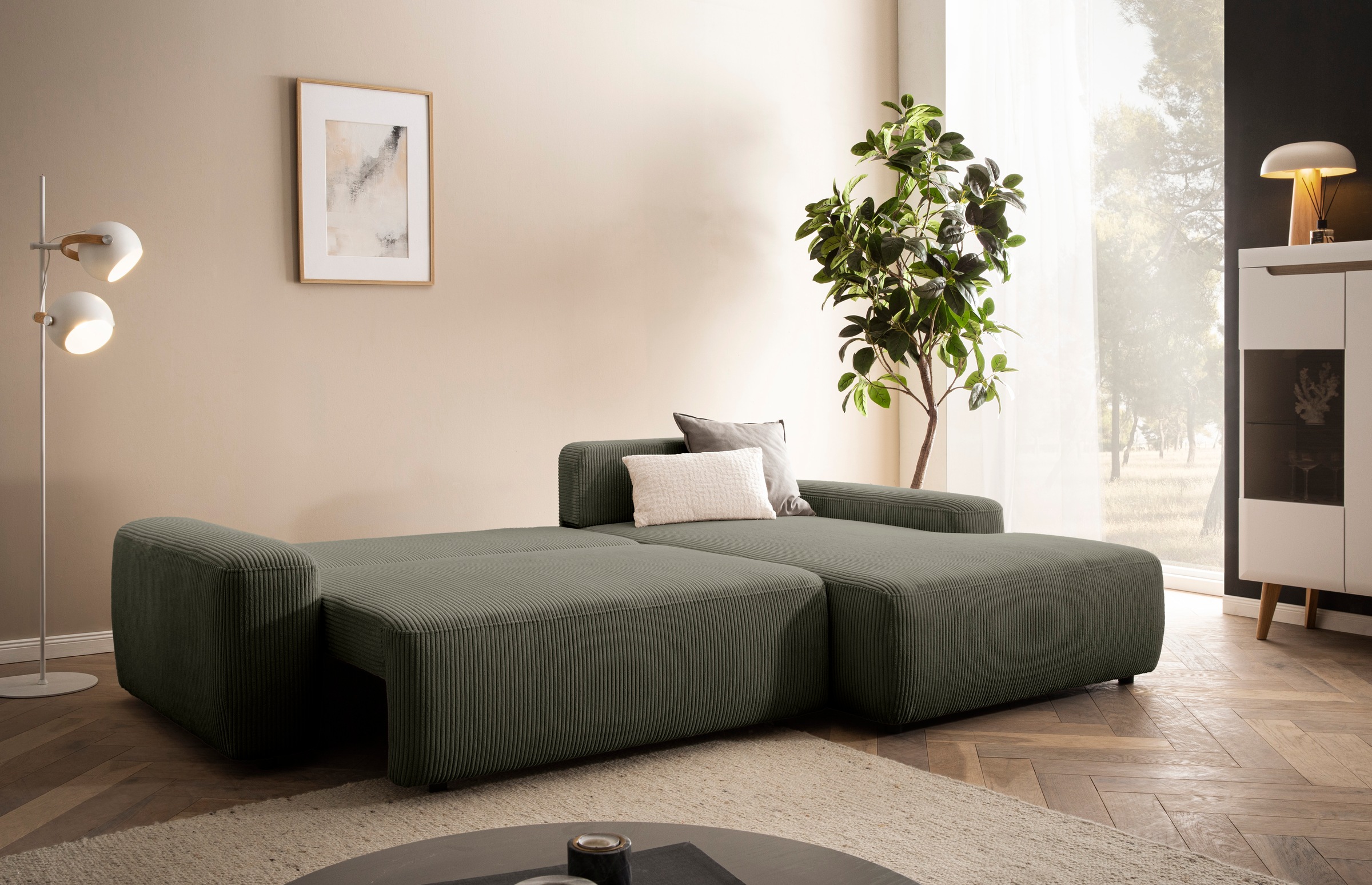 INOSIGN Ecksofa »TORGE (264cm), Schlafsofa in Cord, Samtvelours o Struktur fein, L-Form«, Schlaffunktion, Bettkasten, Liegefläche: 125/210 cm