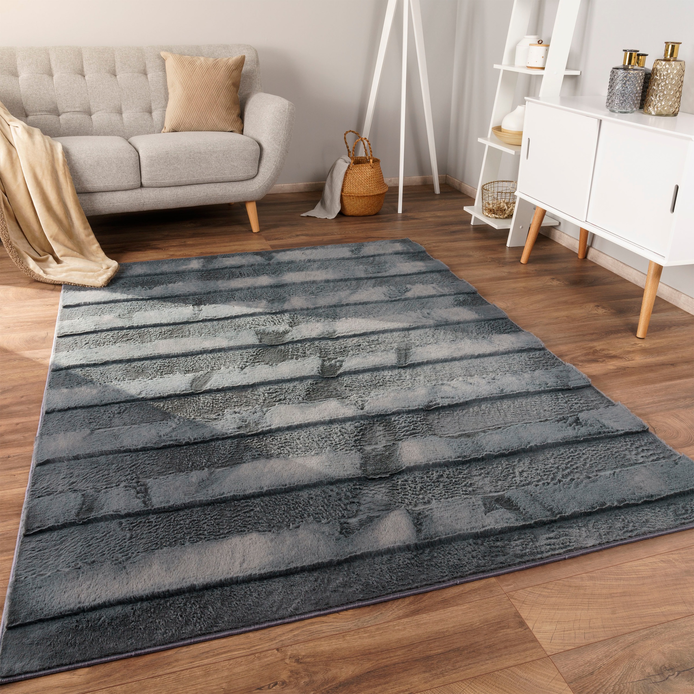Paco Home Hochflor-Teppich »Arnheim 744«, rechteckig, 24 mm Höhe, Uni Farben, gestreift, besonders weich, Hoch-Tief Effekt