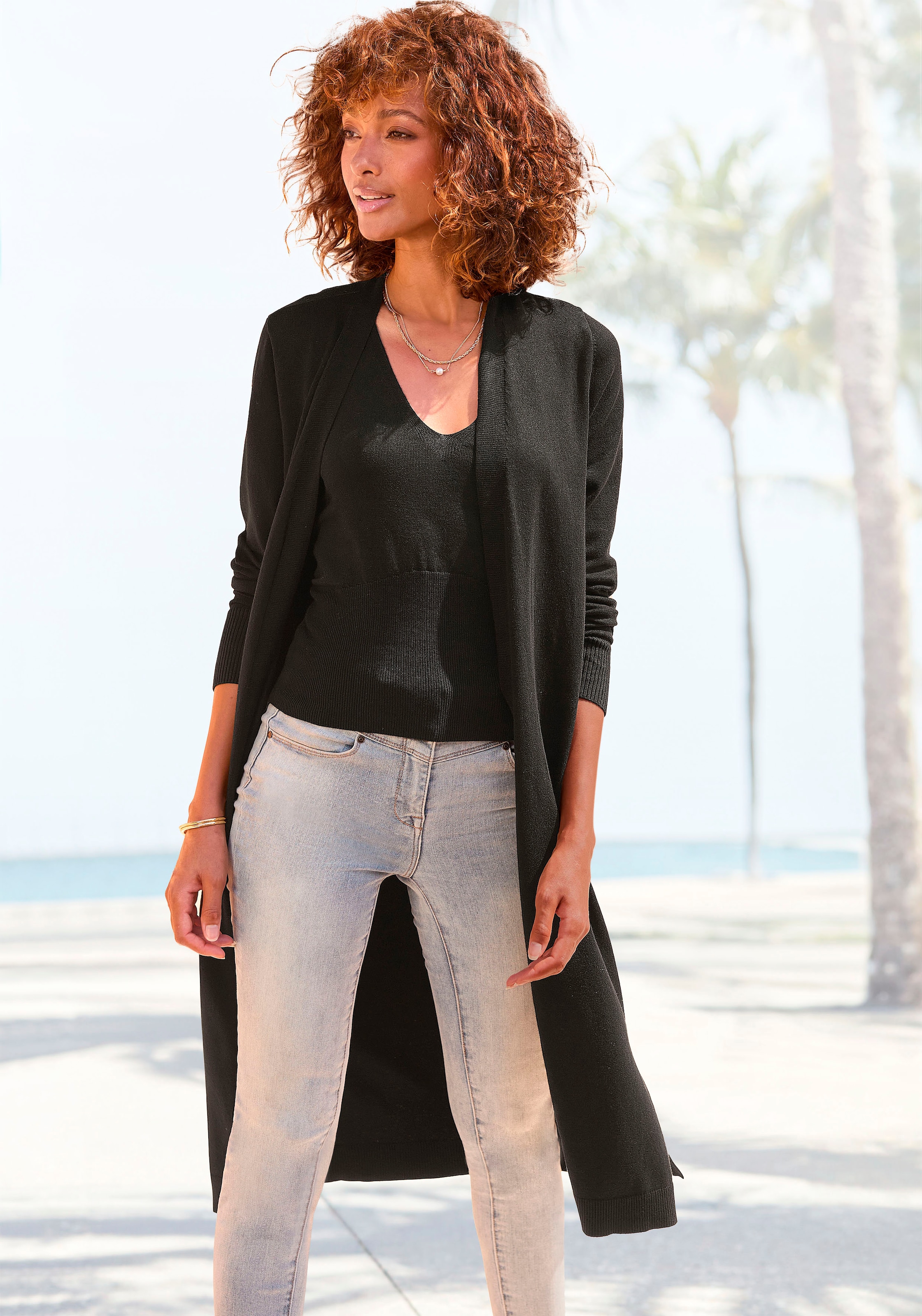 LASCANA Cardigan, mit seitlichen Schlitzen, Longstrickjacke aus weichem Rippstrick