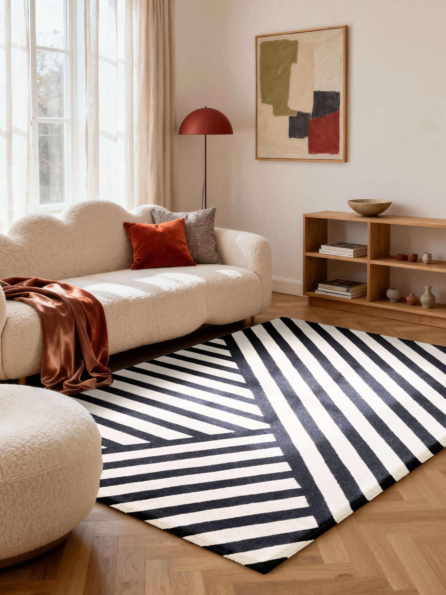 Image of ELLE DECORATION Wollteppich "Noir" rechteckig 12 mm Höhe Wolle, Natur, Wohnzimmer, schwarz weiss, Modern, Geometrisch, Streifen