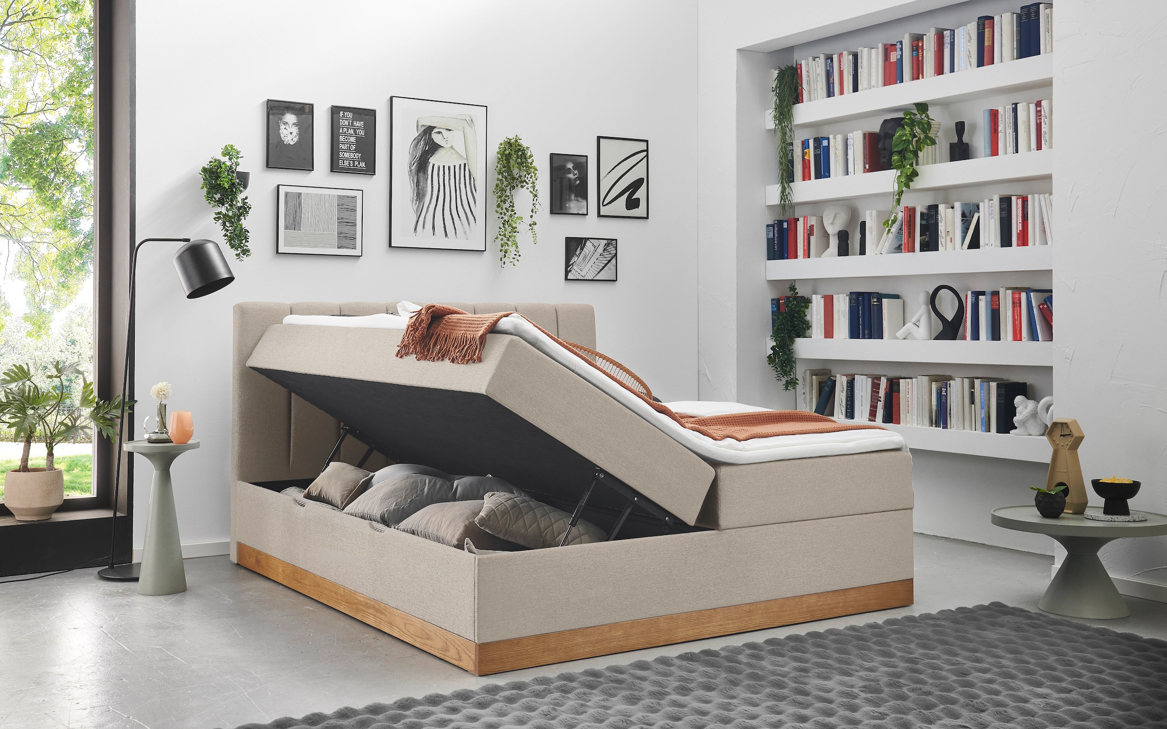 Home affaire Boxbett »FRAPELLE, Polsterbett mit Bettkasten und Taschenfederkernmatratze H3« mit Topper, Strukturstoff-Bezug, Sockel eichefarbig, 180x200cm