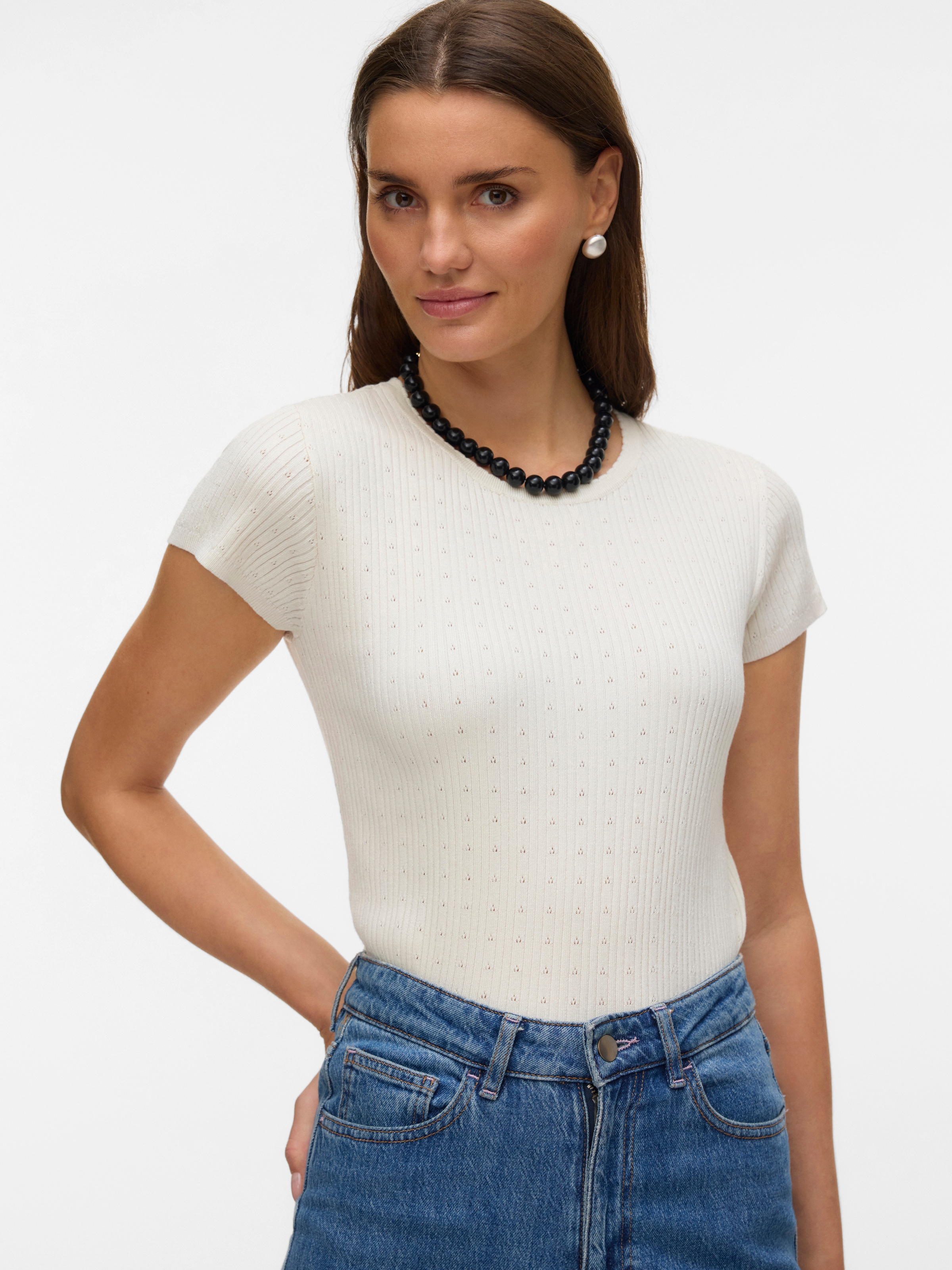 Image of Vero Moda Kurzarmpullover "VMSILJE C/S O-NECK POINTELLE PULL NOOS" Sommerpulli