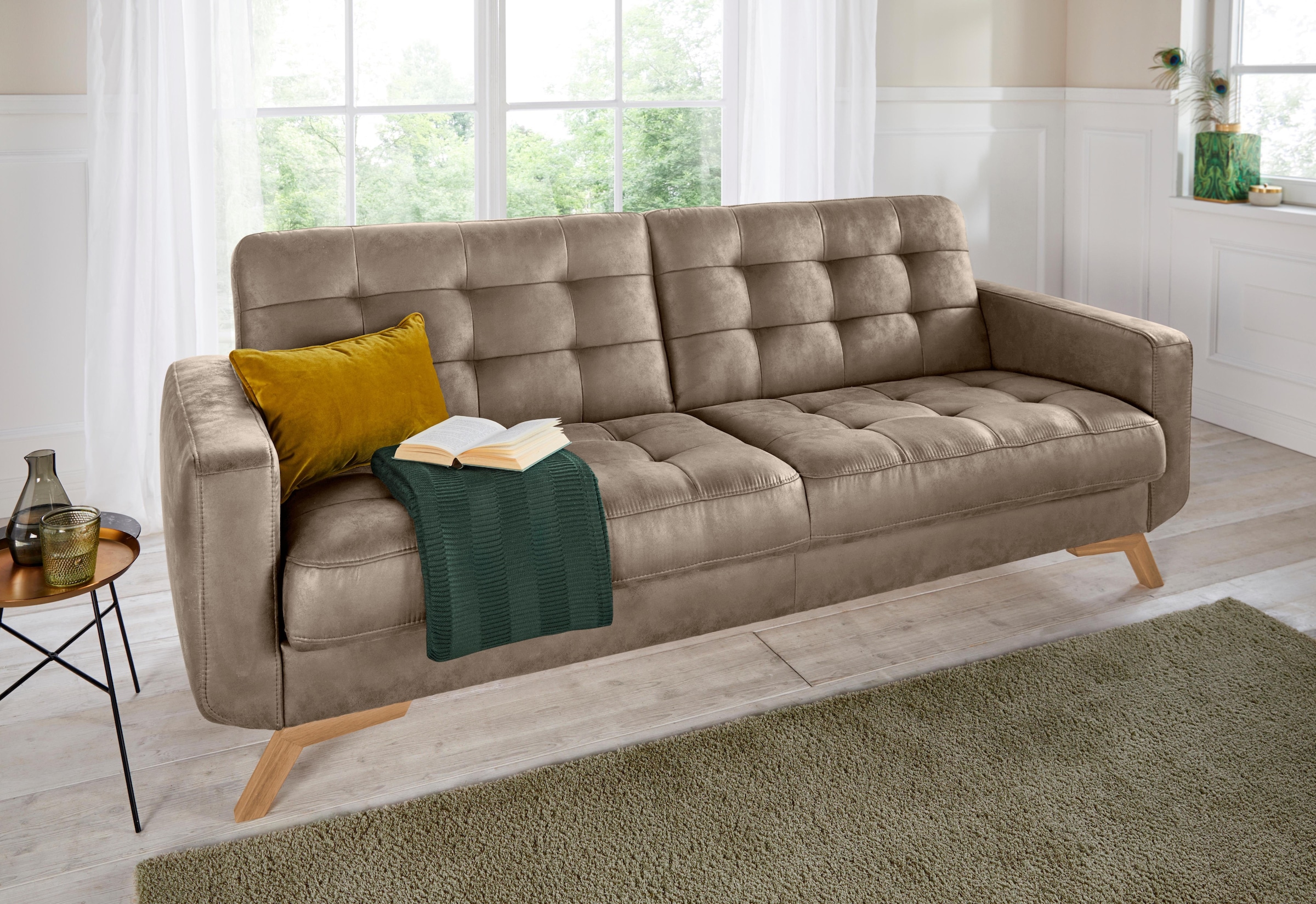 exxpo - sofa fashion 3-Sitzer »Fiord, aktuelles Design, tolle Detailverarbeitung im Sitz und Rücken«, bequem, wahlweise Kippcouch mit Bettfunktion und Bettkasten, Holzfuss