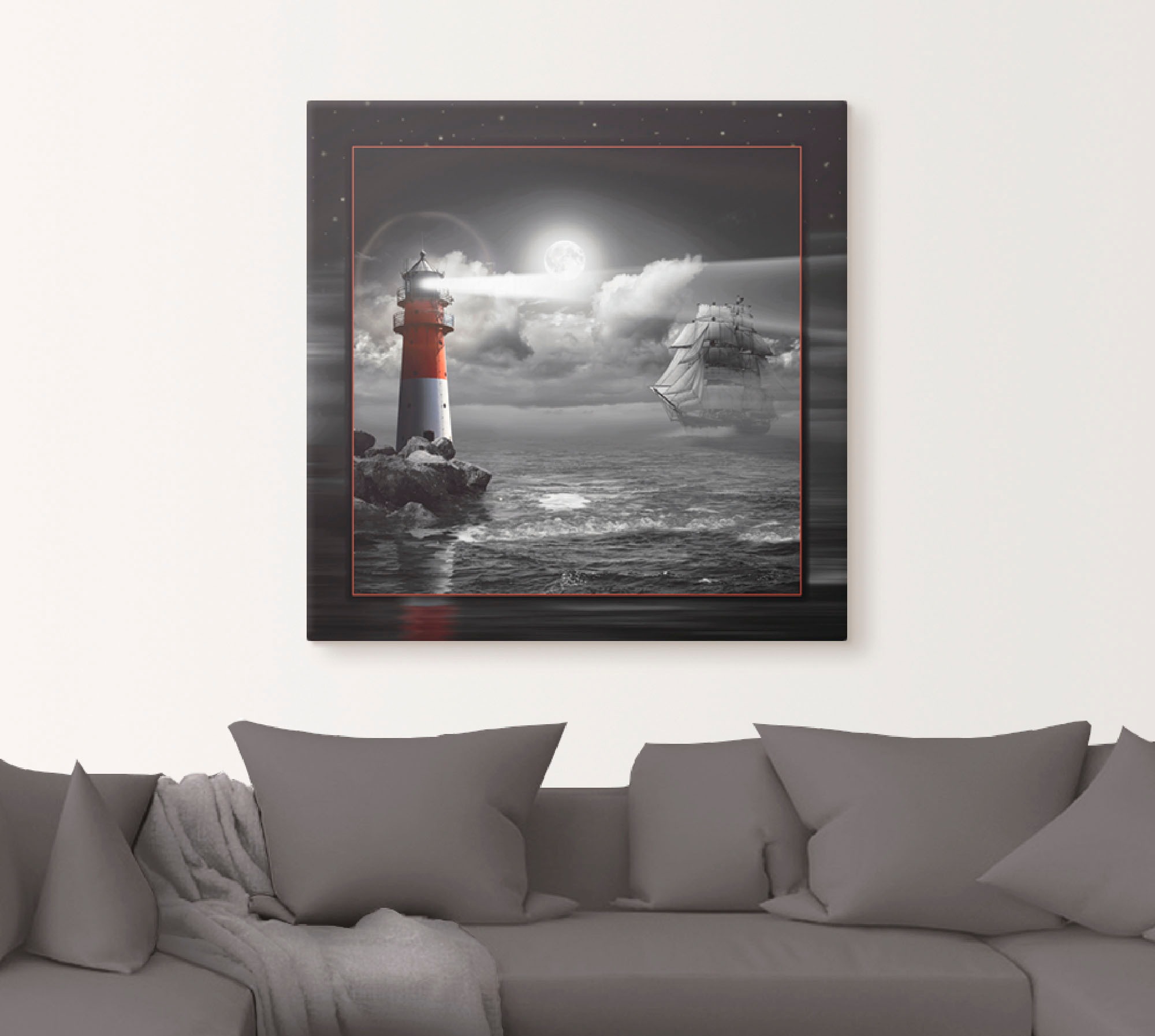 Artland Leinwandbild »Leuchtturm und Segelschiff im Mondschein« Küste 1 Stk. tlg. auf Holzrahmen gespannt