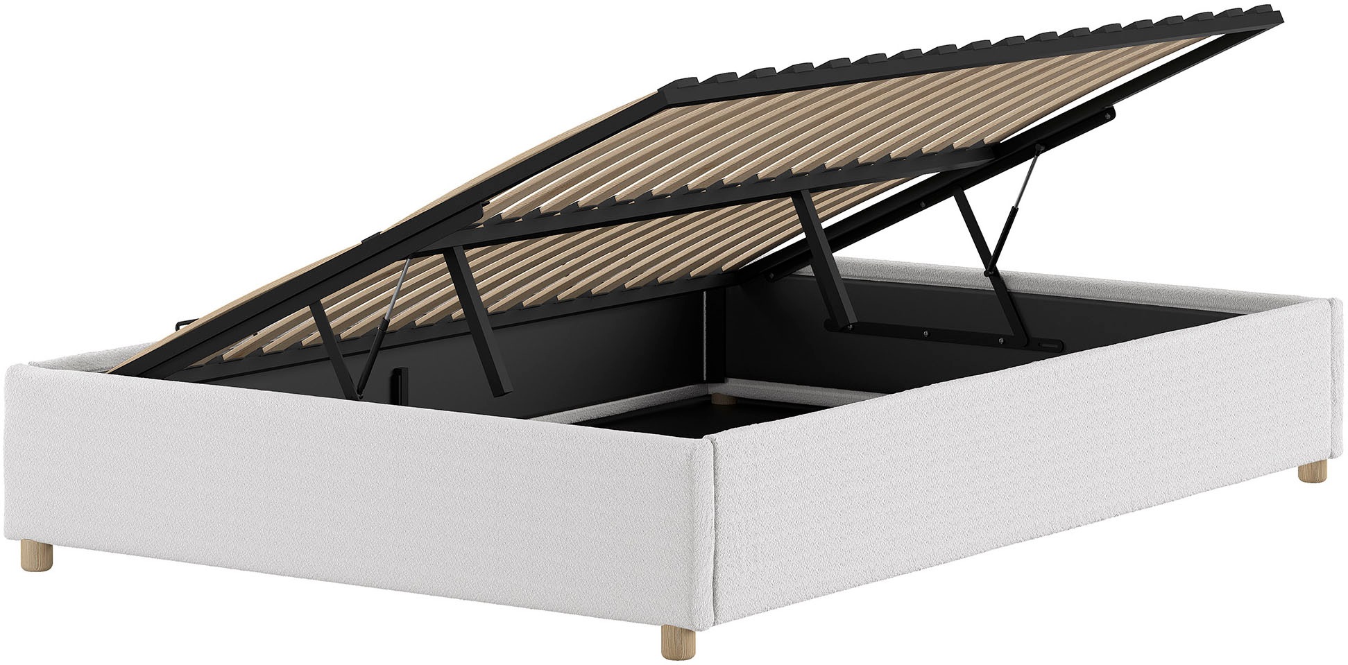 Vipack Chaise longue rembourrée »Moon, ideal unter Dachschrägen einsetzbar, Bettkasten bietet Stauraum« Massivholzfüsse, Bezug mit flauschigem Bouclé Stoff wahlweise 3 Farben
