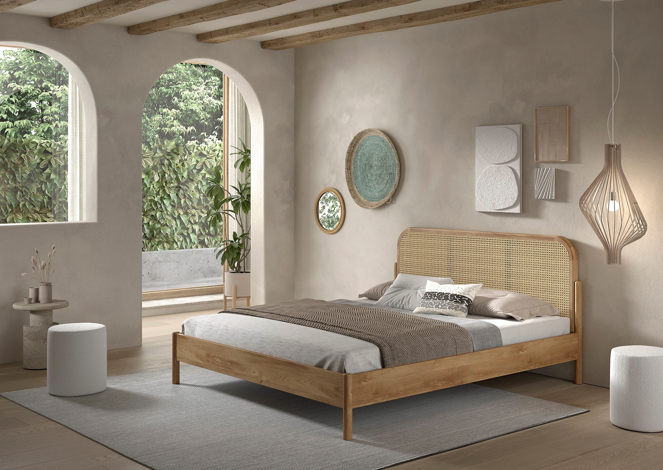 Vipack Sommier »Olive, Bettpfosten Eiche massiv und furnierten Bettseiten« avec tête de lit en rotin tressé de qualité, cadre chêne massif,  sans sommier, avec cadre réglable en hauteur, deux largeurs