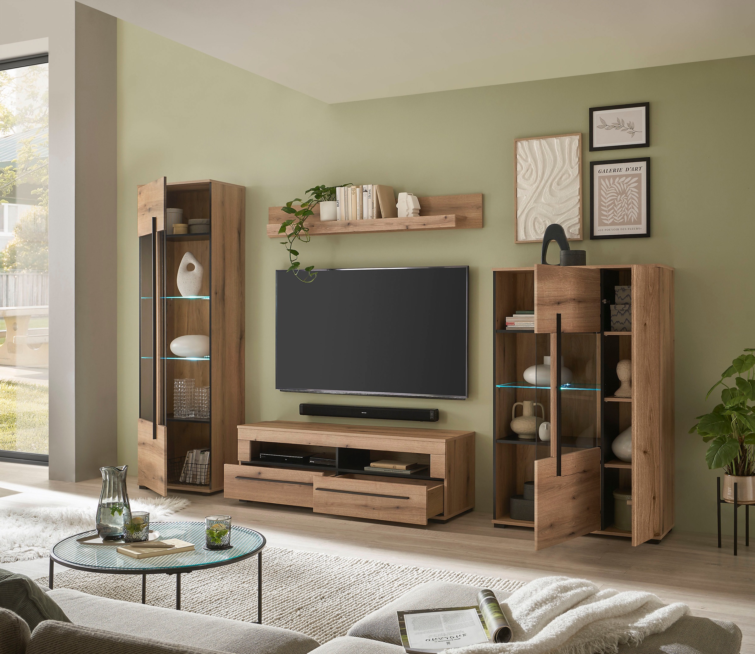 INOSIGN Wohnwand »Cantara, moderne Anbauwand, Wohnzimmer-Set, in Eiche Evoke oder Weiss«, (Set), enthält zwei Vitrinen, ein Lowboard und ein Wandboard