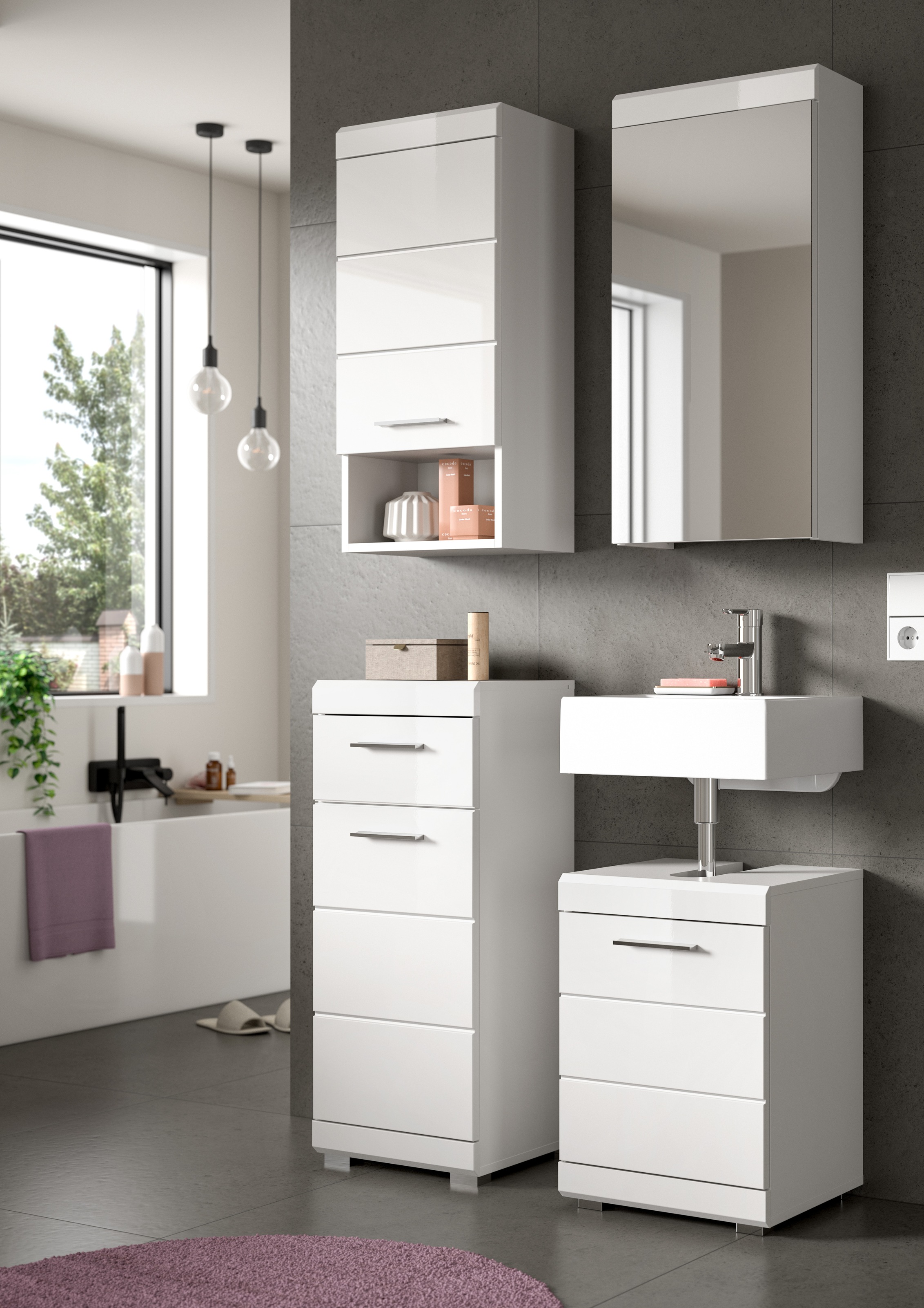 welltime Ensemble de meubles de salle de bain »SIENA, 4-tlg., WBU, Spiegelschrank, Hänge- & Unterschrank, MDF-Front«