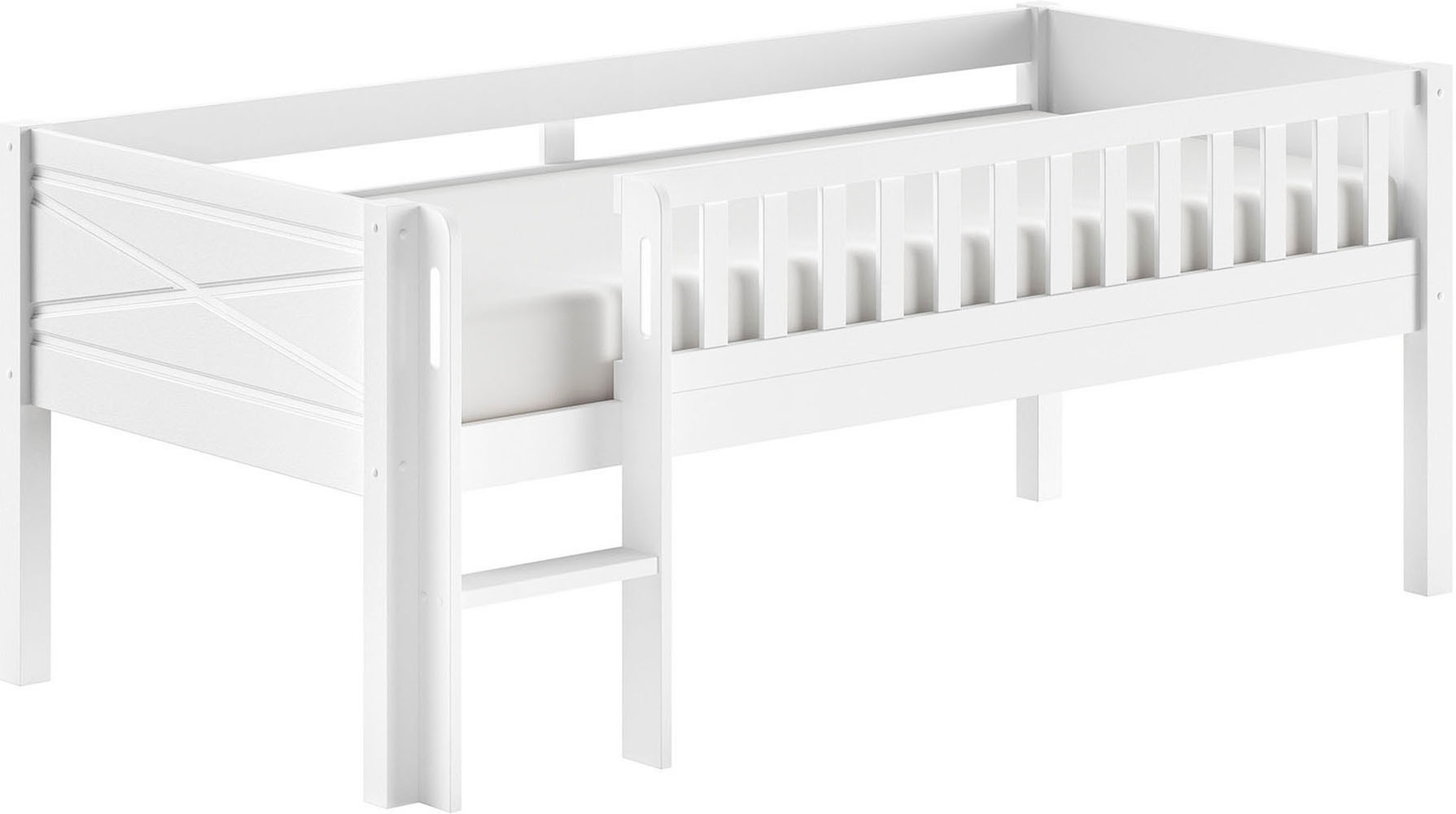 Image of Vipack Spielbett "Scott mit niedriger Einstiegshöhe, inkl. Leiter und Rolllattenrost" in Kiefer massiv, weiss 90x200 cm, wahlweise ohne und mit Rollboxen
