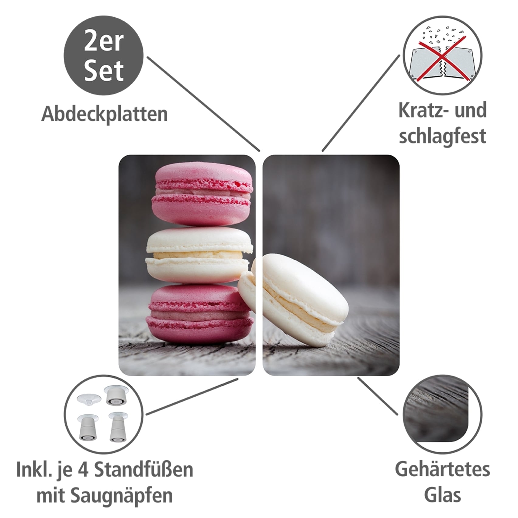 WENKO Herd-Abdeckplatte »Universal Modell Macarons«, (Set, 2 tlg.), Herdabdeckung für alle Herdarten, kratzfest, mit rutschfesten Füssen