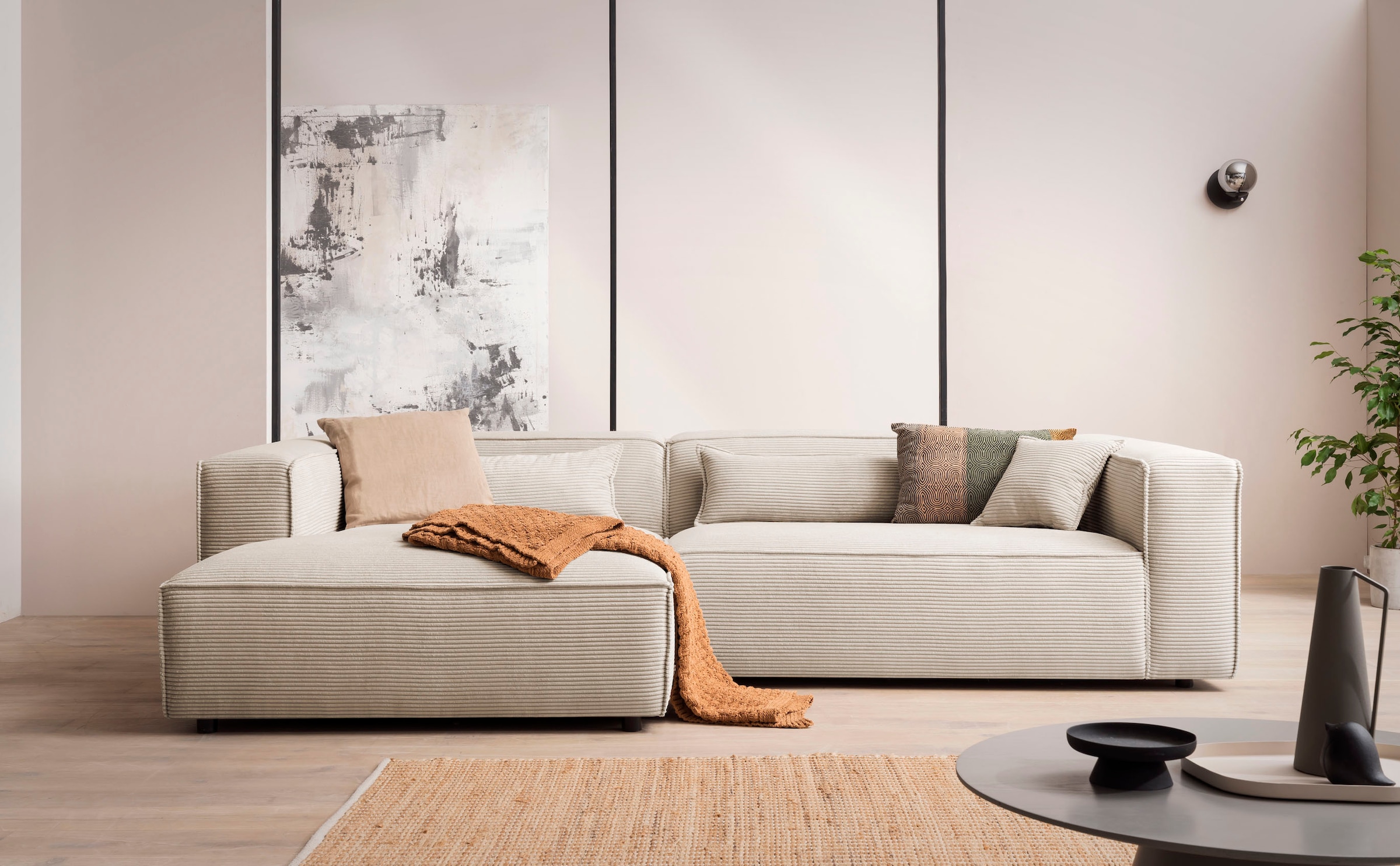 LeGer Home by Lena Gercke Ecksofa »PIARA XXL, Big-Sofa in Cord oder Leinenoptik, L-Form, mit Kedernaht«, wahlweise Ottomane rechts/links, schwarze Füsse, extra tiefe Sitzfläche
