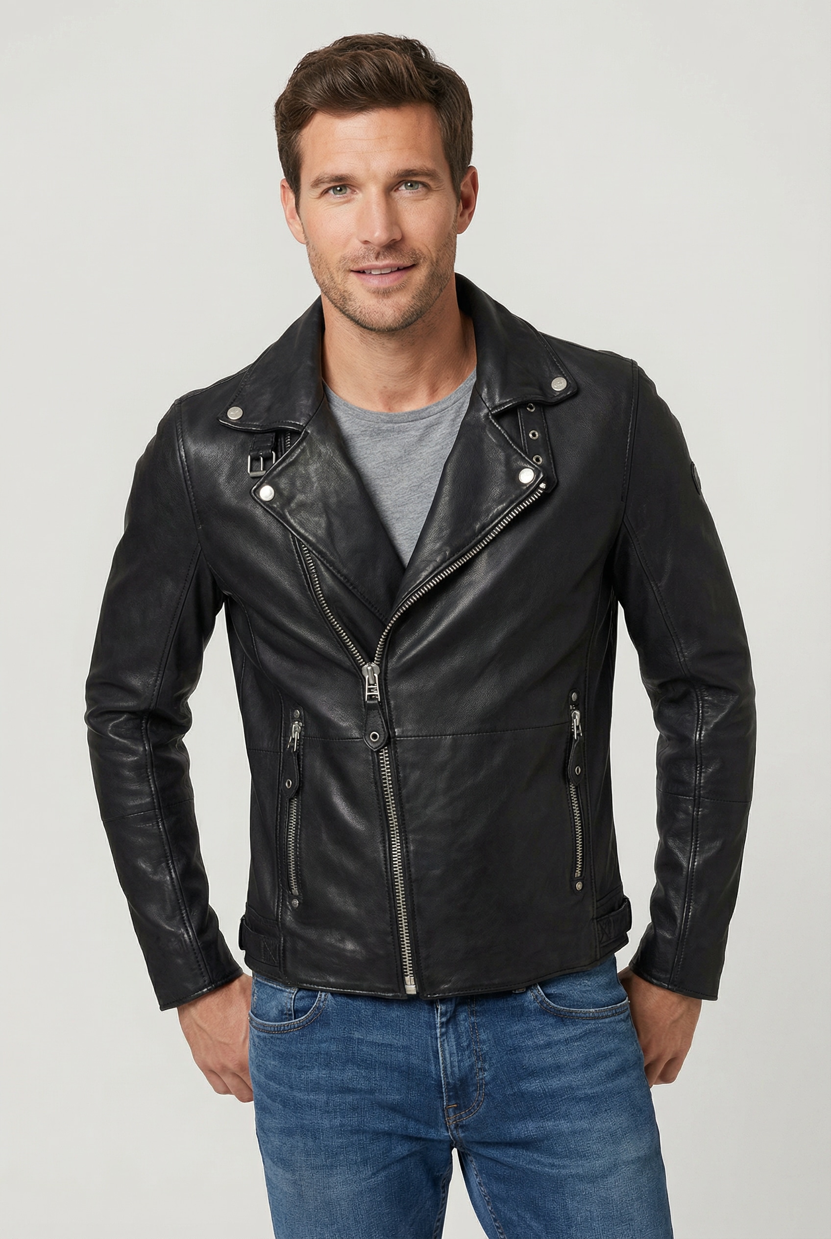 Image of Mauritius Lederjacke "Mavric SF NSLV" im Biker-Style, asymetrischer Reissverschluss, Nieten