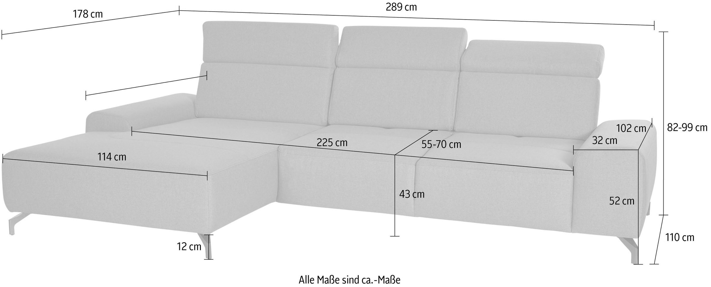sit&more Ecksofa »Gizeh L-Form«, Fusshöhe 12 cm, inklusive Sitztiefenverstellung und Kopfteilverstellung