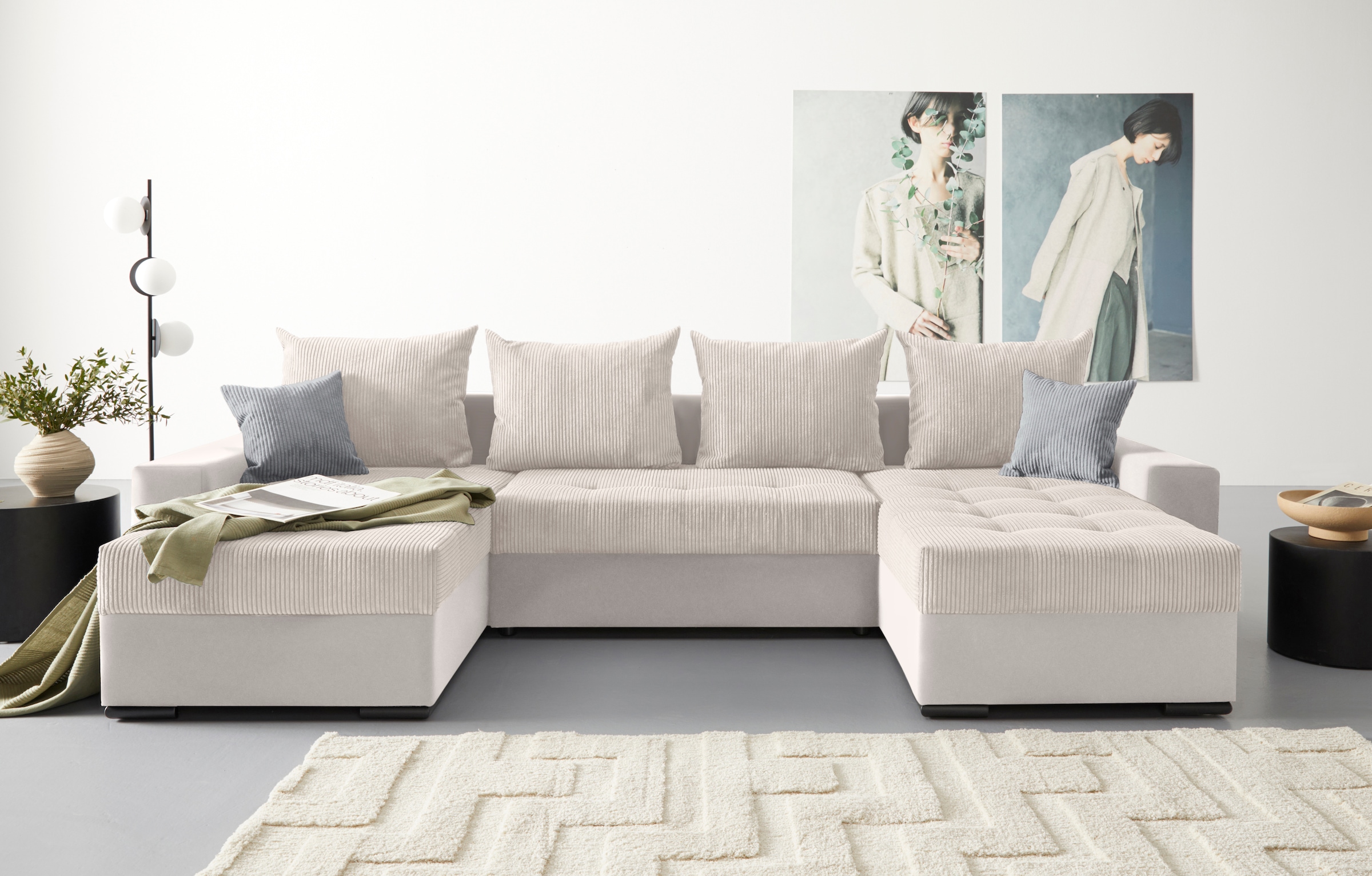 COLLECTION AB Wohnlandschaft »Josy U-Form«, mit Schlaffunktion, Bettkasten und Zierkissen, mit 2 Recamieren