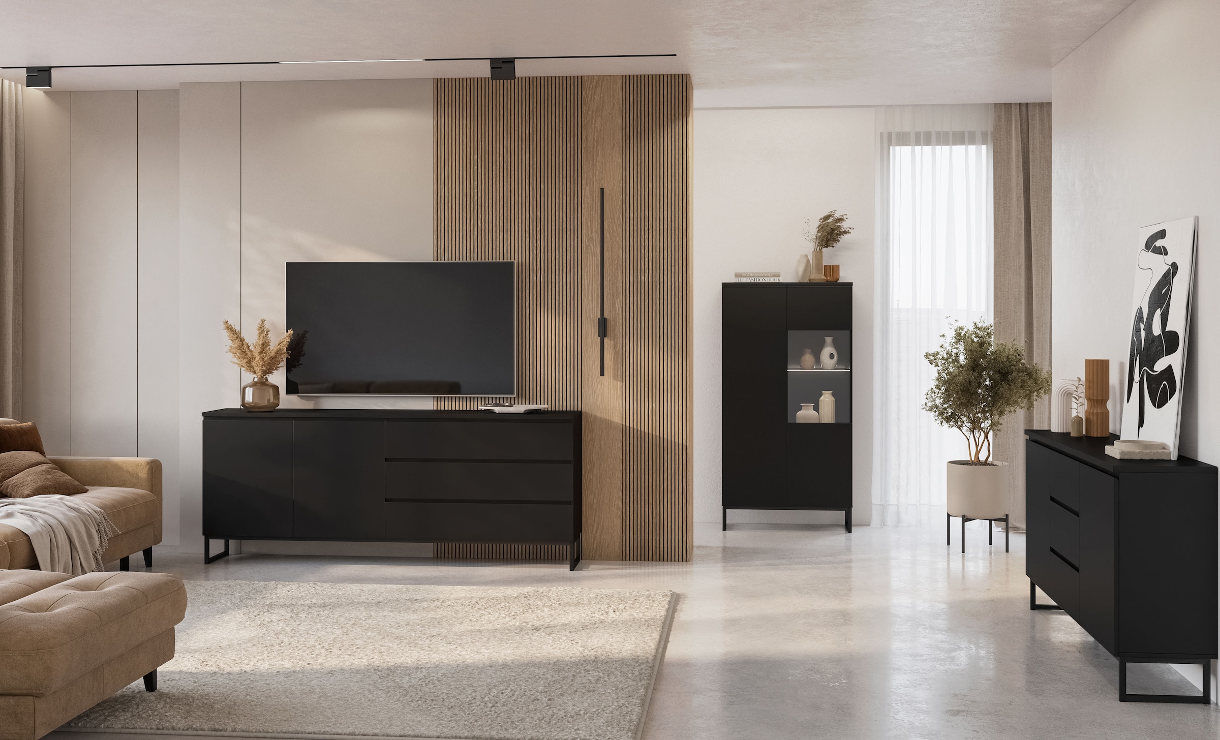 GOODproduct Buffet »Modo II, Breite 200 cm, moderne grifflose Kommode 2Türen/3 SK« commode à tiroirs avec beaucoup d'espace de rangement, étagères réglables, patins en métal