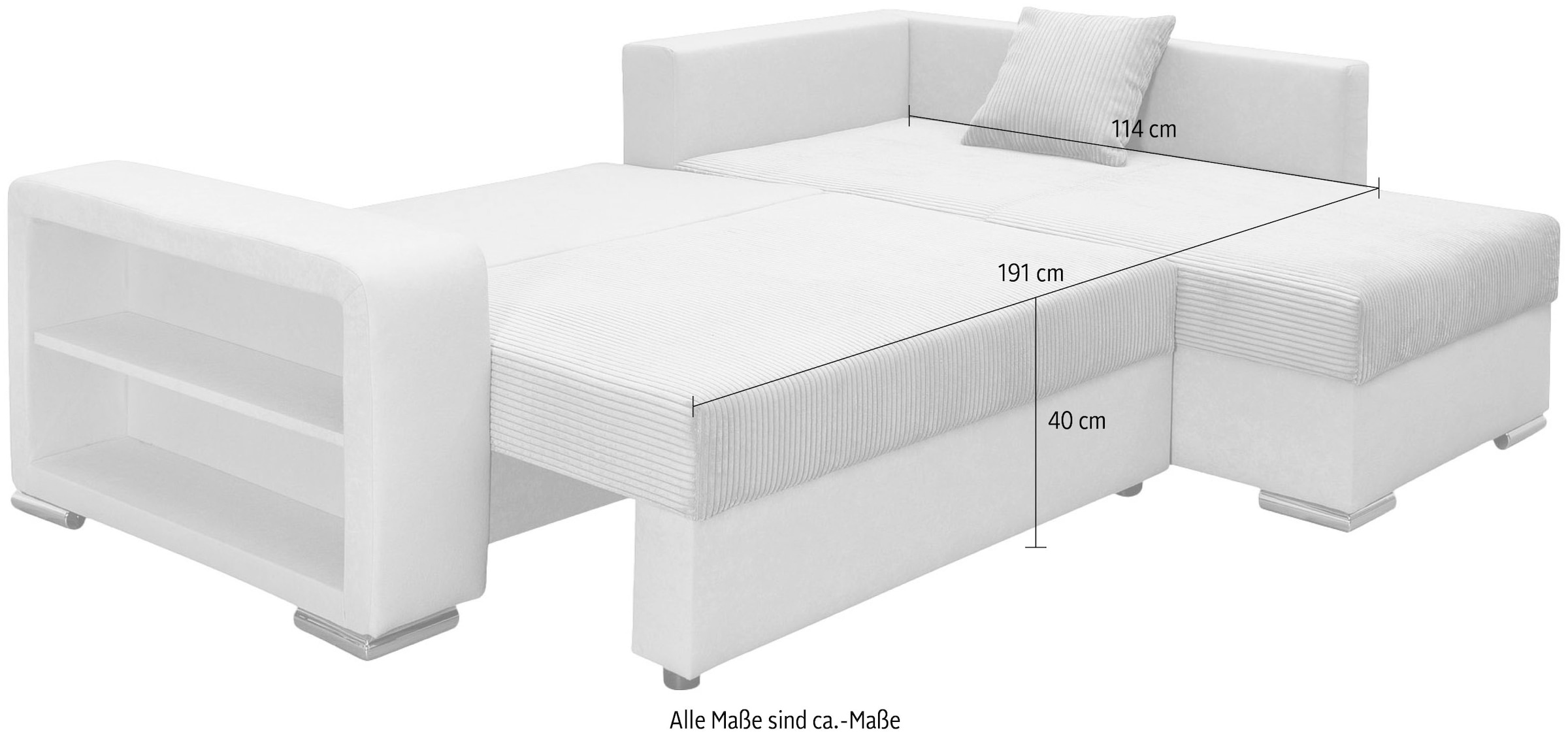 COLLECTION AB Ecksofa »L-Form« Regalarmlehne mit LED RGB Beleuchtung,Bettfunktion und Bettkasten