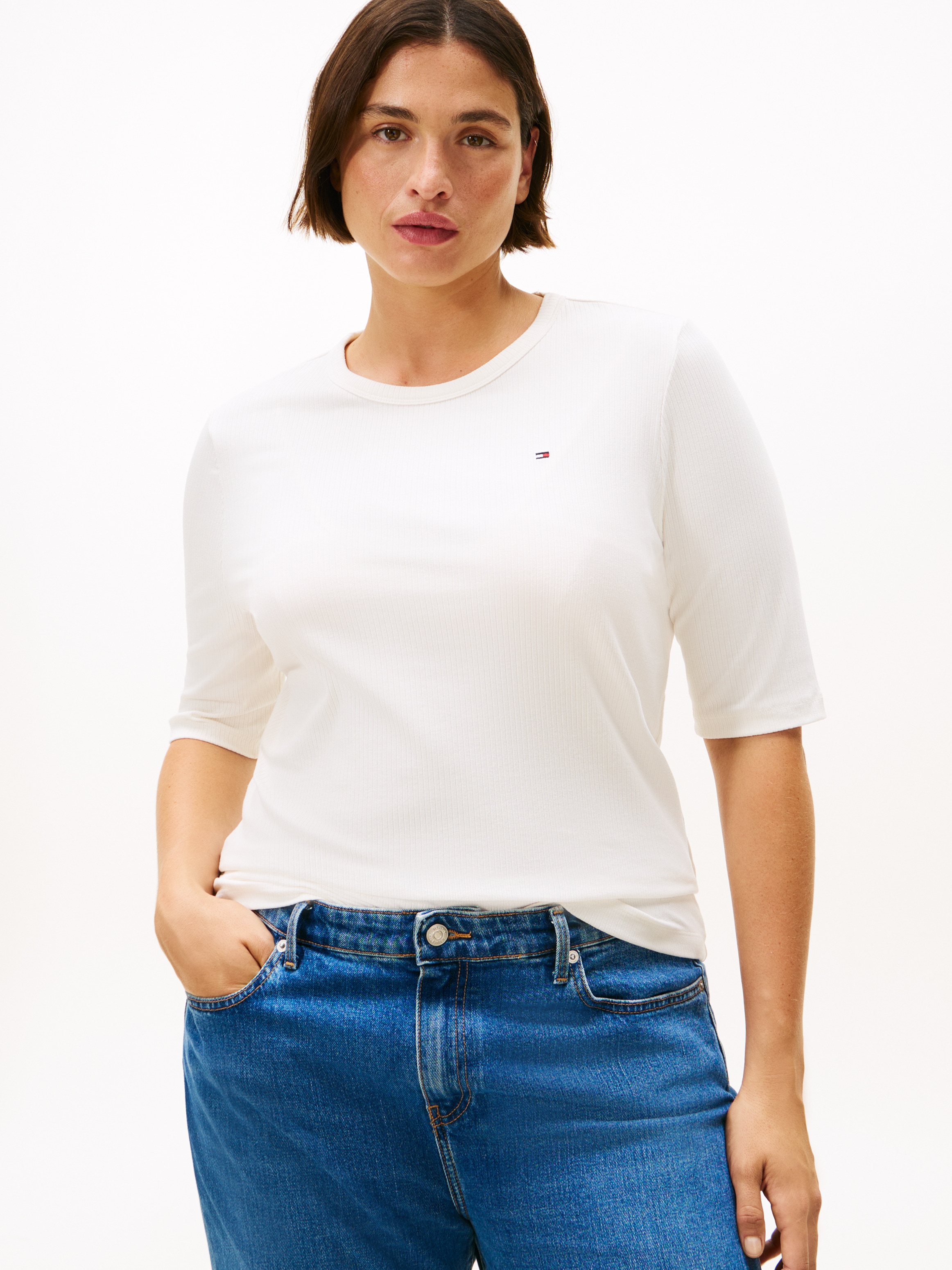 Image of Tommy Hilfiger Curve Kurzarmshirt "CRV SLIM 5X2 RIB C-NK 1/2 SLV" in grossen Grössen, in gerippter Struktur