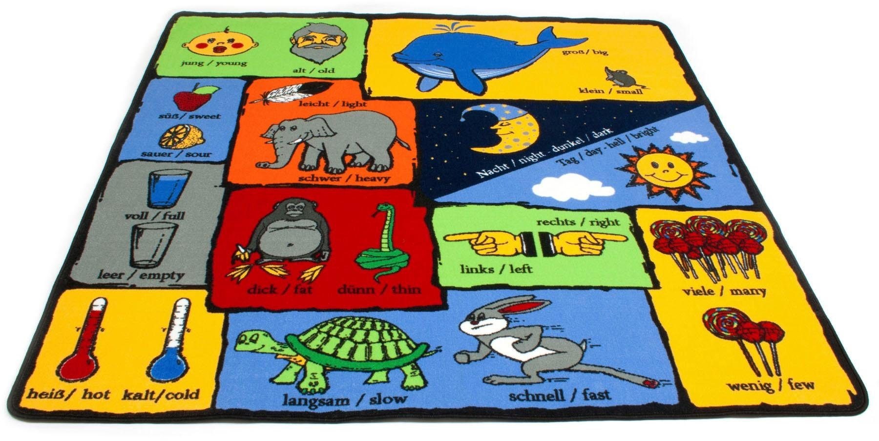 Image of Primaflor-Ideen in Textil Kinderteppich "GEGENSÄTZE, Made in Belgium" rechteckig 5 mm Höhe Spiel- und Lernteppich, Gegensätze lernen, Kinderzimmer