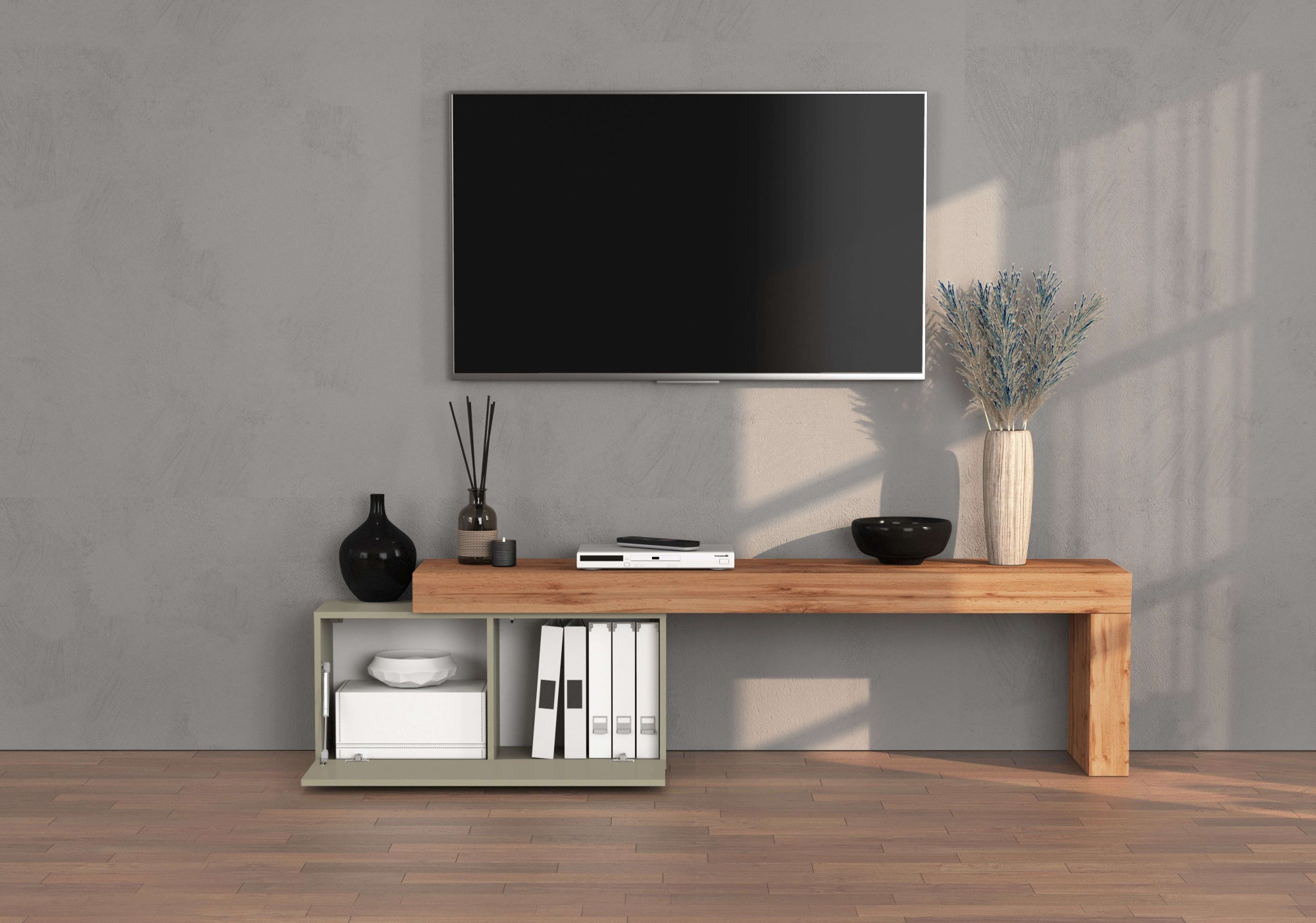 INOSIGN Lowboard »Chronos TV-Board, TV-Schrank«, (1 St., Breite verstellbar von 180 bis 260 cm), Breite 220 cm TV-Board,Lowboard,1 Klappe und ein L-Förmiger Aufsatz