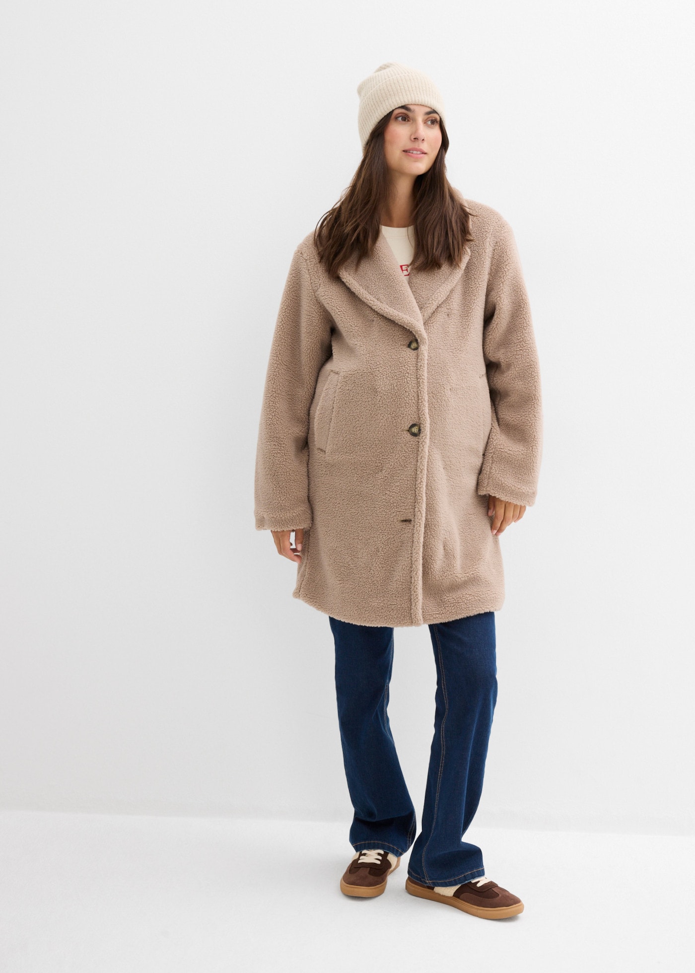 bonprix Umstandsmantel mit Babyeinsatz für Babys, aus warmem Teddyfleece, Loose Fit