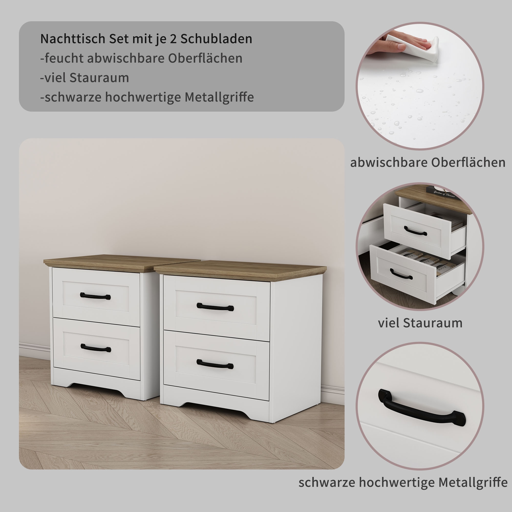 GOODproduct Nachtkommode »Emmilia Nachttisch Set im Landhaus Design« Schlafzimmer Kommoden Nachschrank im 2er Set, 2 Stk. tlg. 2 Schubladen je Nachttisch - viel Stauraum im Schlafzimmer