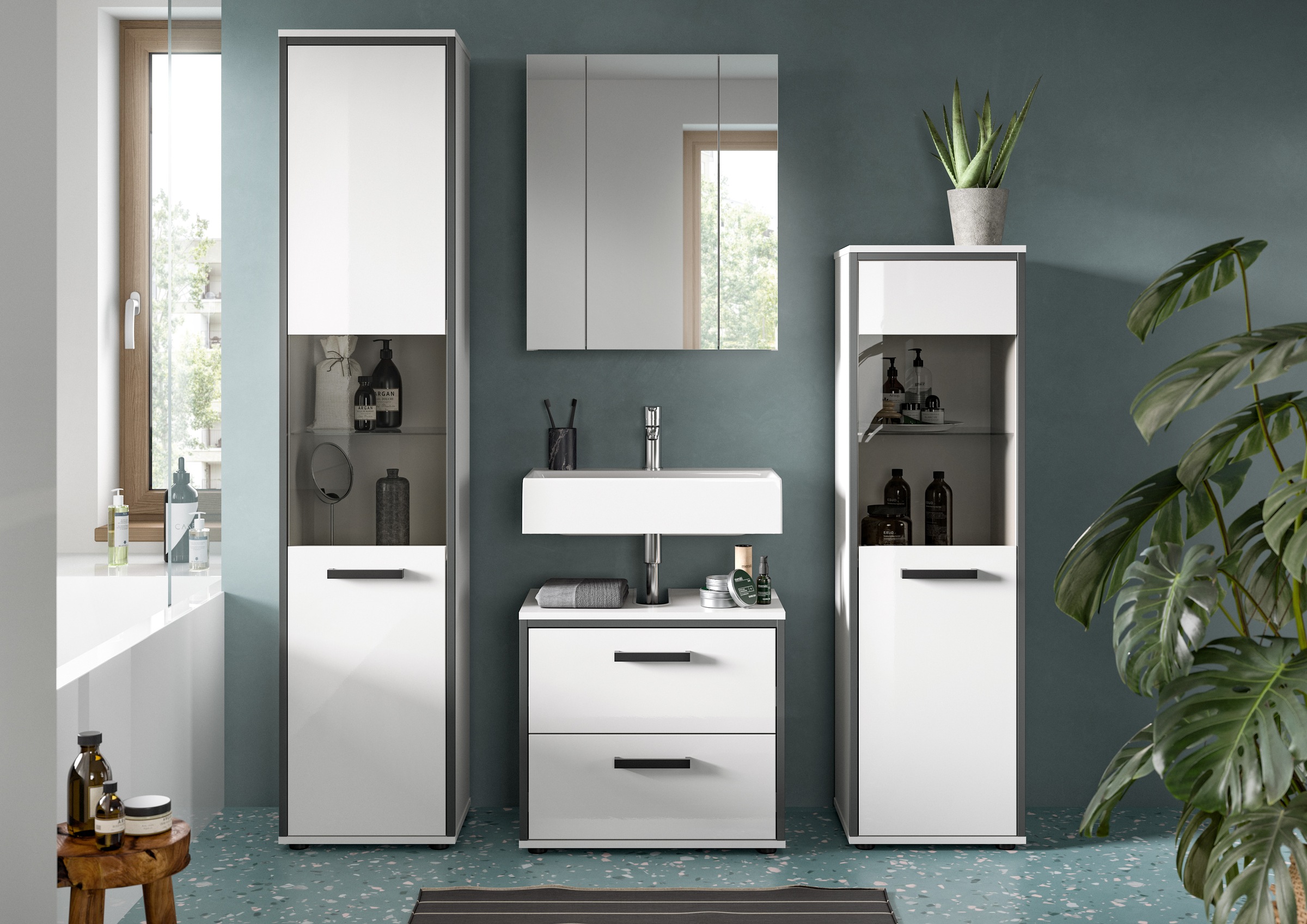 welltime Badmöbel-Set »KAJO, 4-tlg. Badkombination, weiss hochglanz« Set, Set, best. aus:1Hochschrank,1Spiegelschrank,1WBU,1Midischrank, 4 Stk. tlg.