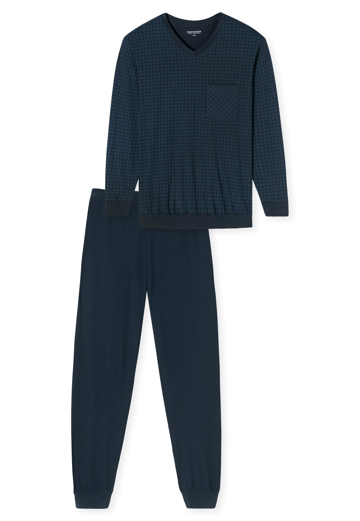 Schiesser Pyjama »Comfort Essentials«, (2 tlg.), V-Ausschnitt, Brusttasche, Baumwolle, Langarm