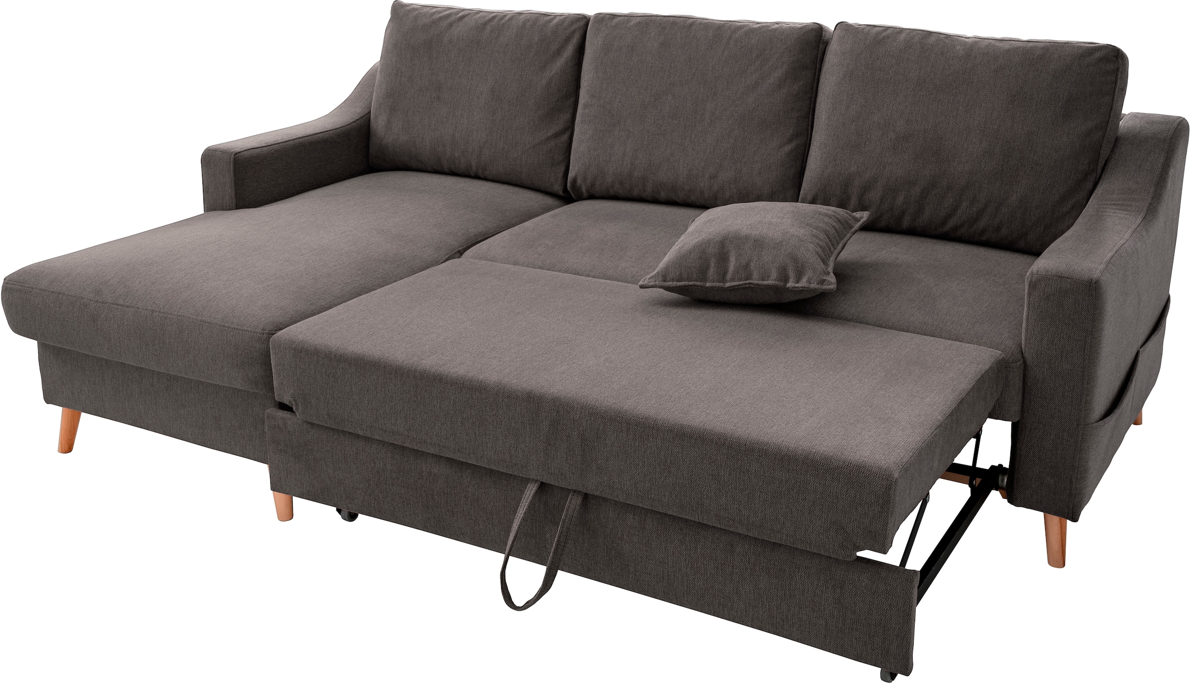 INOSIGN Ecksofa »Valentina L-Form«, 2 Zierkissen, mit Seitentasche, ausziehbarer Liegefläche, Bettkasten