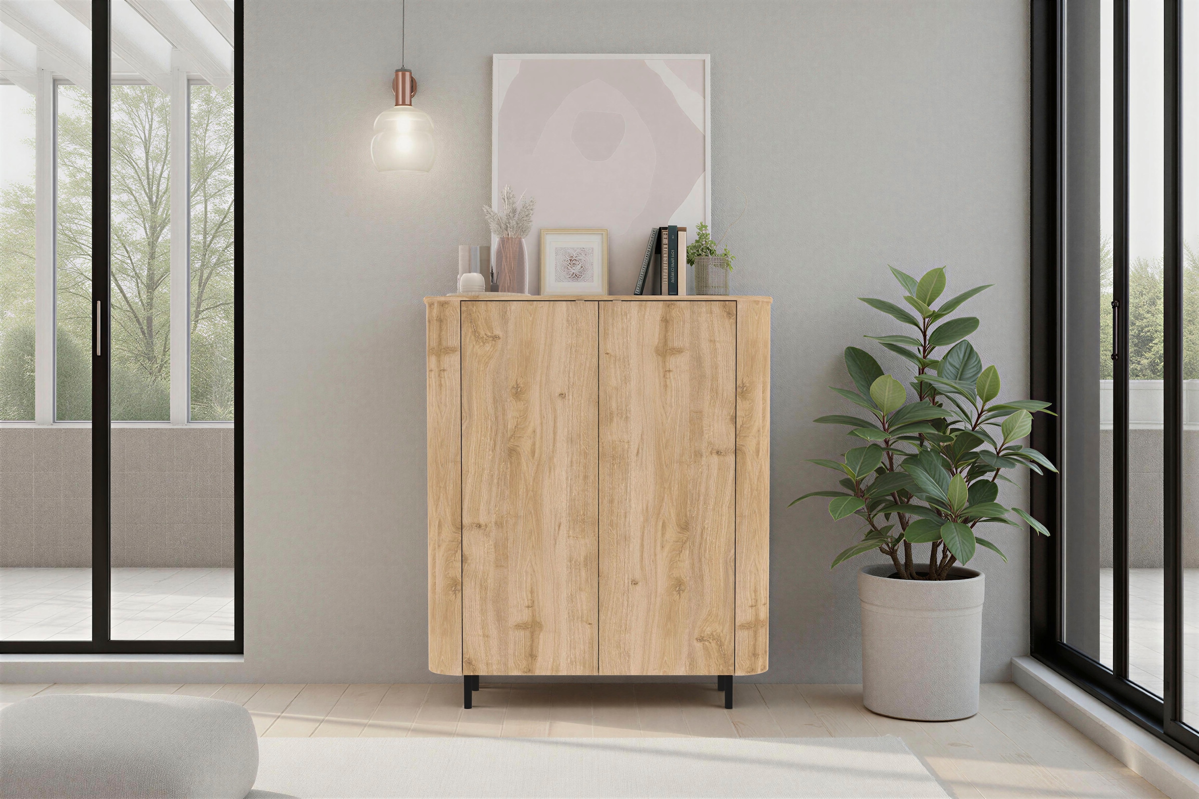 Home affaire Highboard »Murano, B/H 131/154 cm, 2 Türen, Stauraumschrank, Hochkommode« Formgebogenes MDF, Stirnseiten mit Rundung, Füsse und Griffe aus Metall