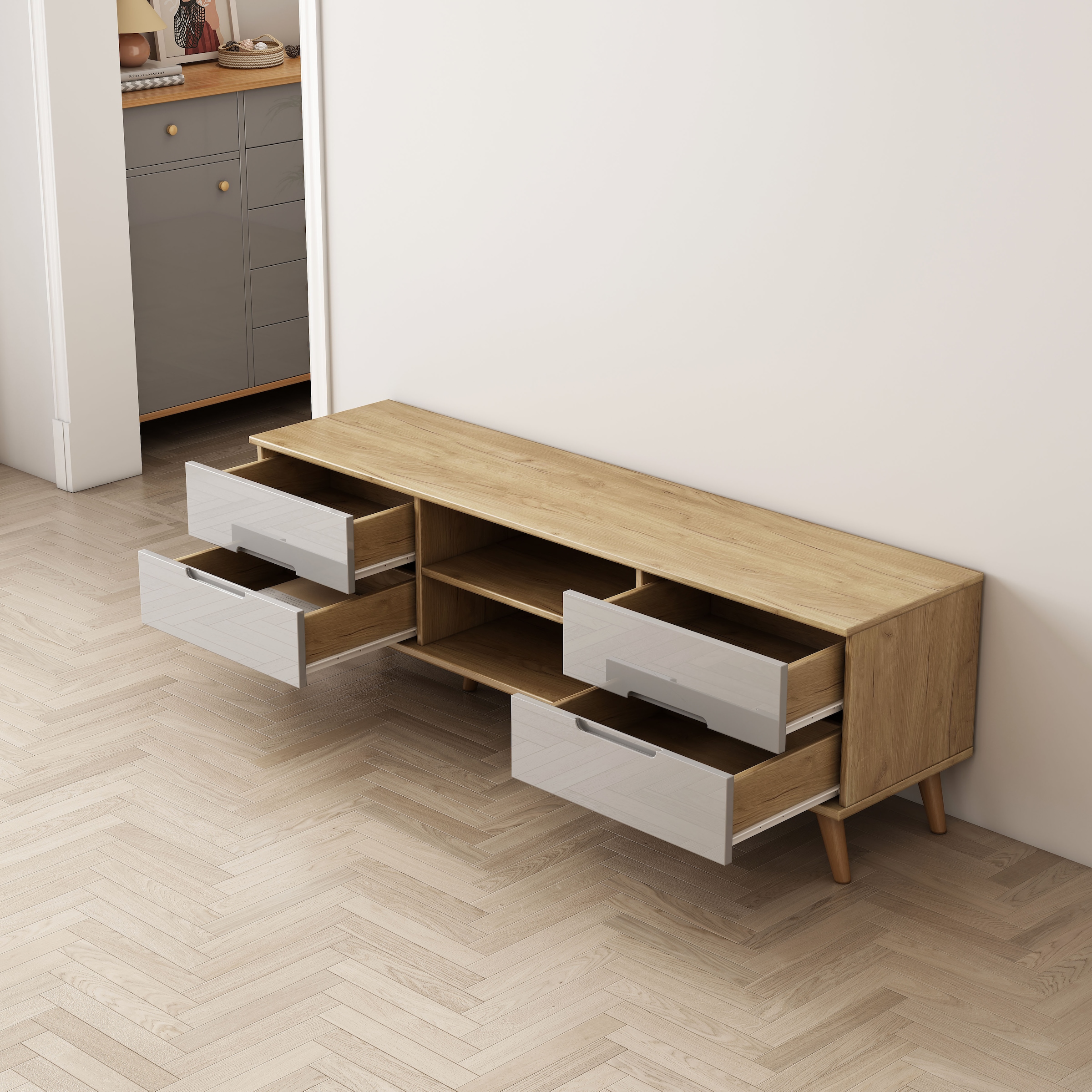 GOODproduct Tableau TV »Lund« glänzende Fronten, Kabeldurchführung, helles Holzdekor, Breite 160 cm