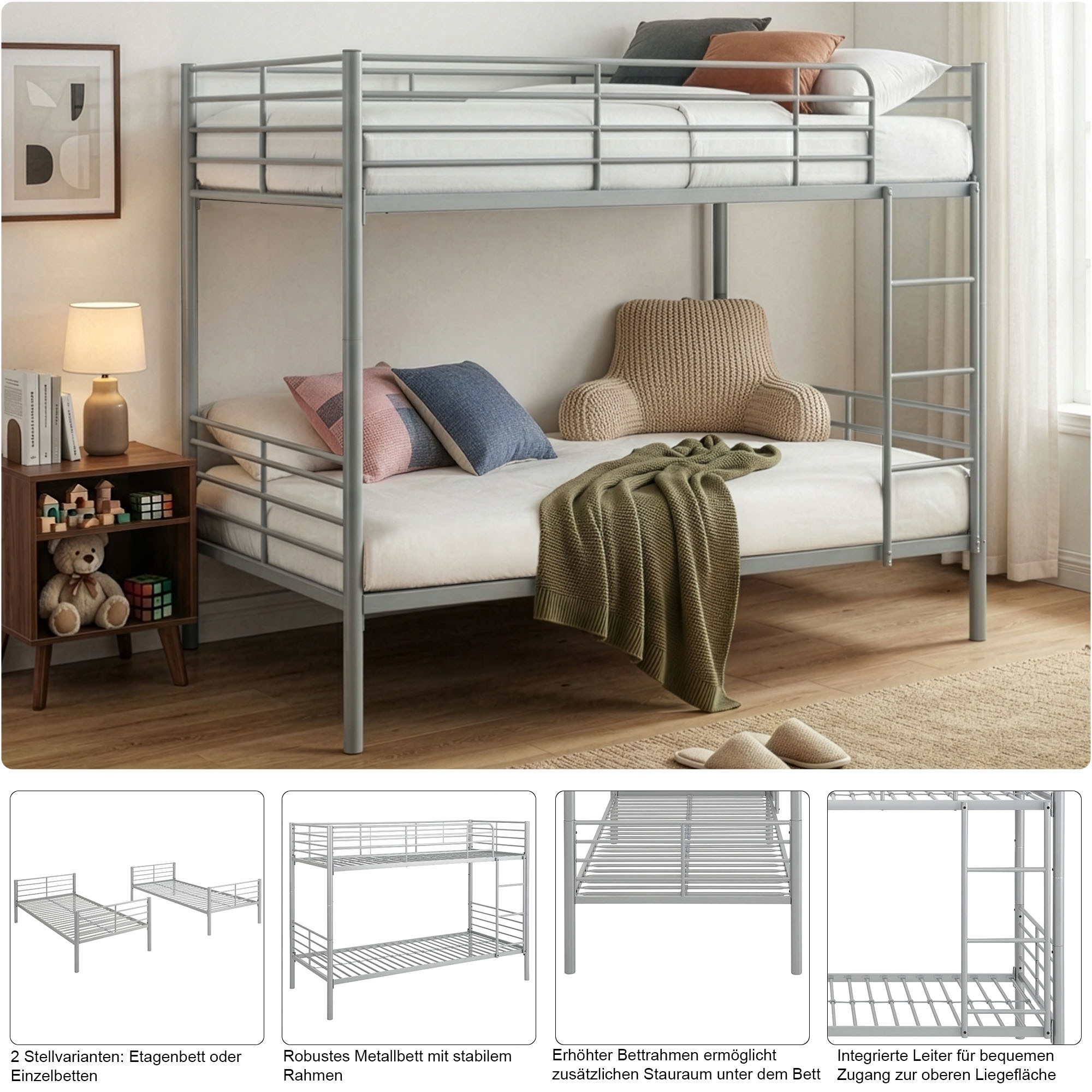 GOODproduct Etagenbett »Hayo,  Metallbett, Stockbett« teilbar in 2 Einzelbetten,  perfekt für kleine Räume, mehrere Farben, (B/T/H) ca. 208/97/160 cm