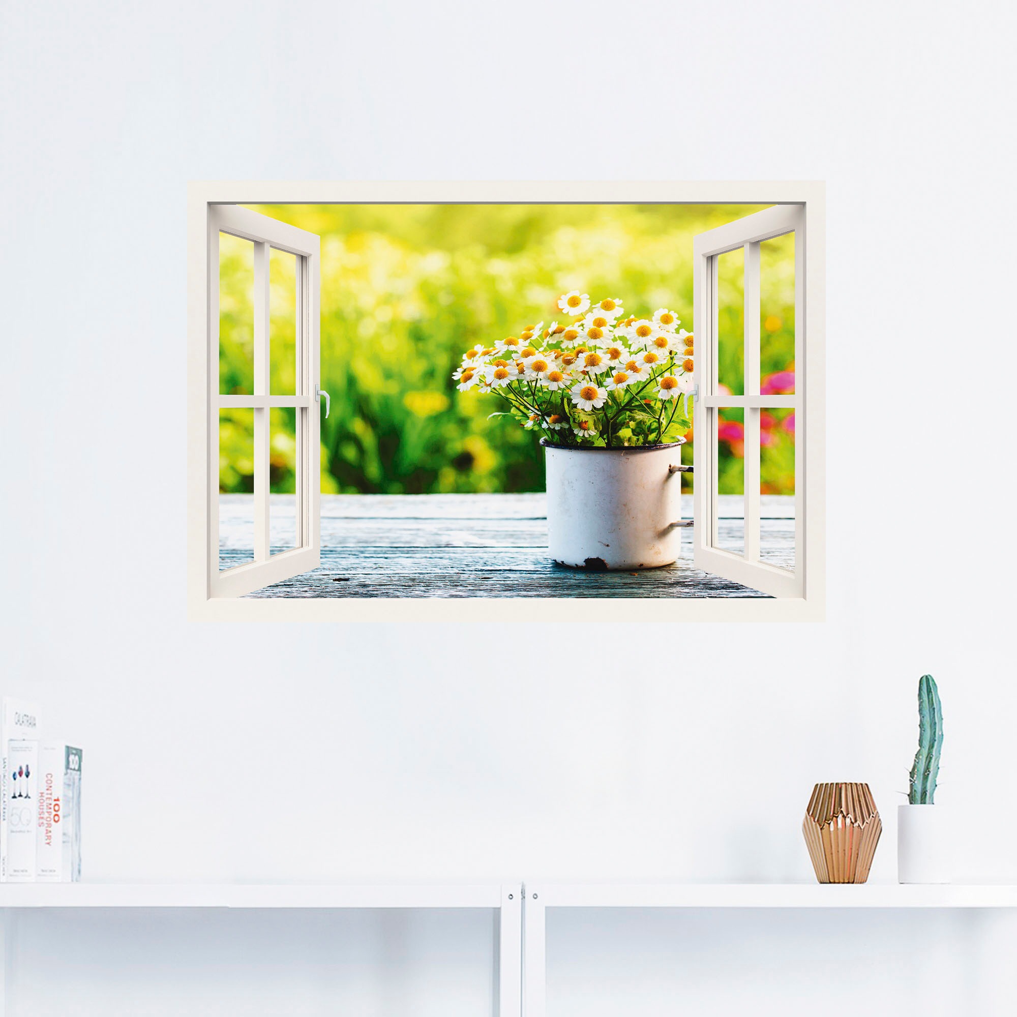Artland Wandbild »Fensterblick Garten mit Gänseblümchen«, Blumen, (1 St.), als Alubild, Outdoorbild, Leinwandbild, Wandaufkleber, versch. Grössen