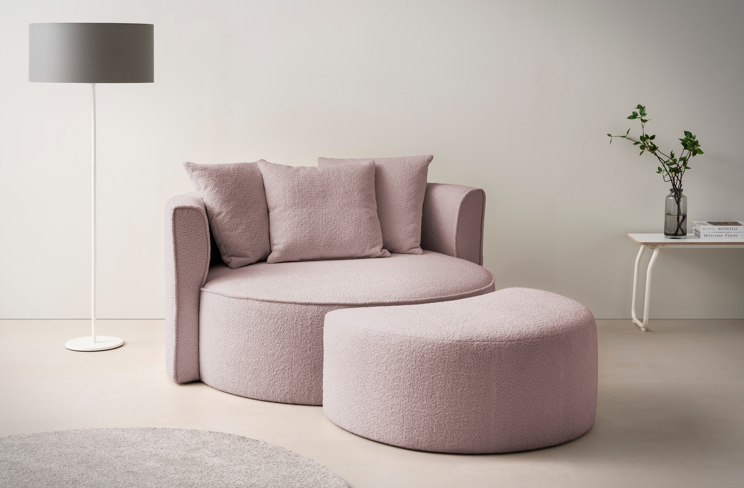 LeGer Home by Lena Gercke XXL-Sessel »Isalie, Rundsessel mit Hocker, Lesesessel, Loveseat, Big-Sessel«, (Set), trendige Stoffe, mit 3 Zierkissen, grosse Sitzfläche