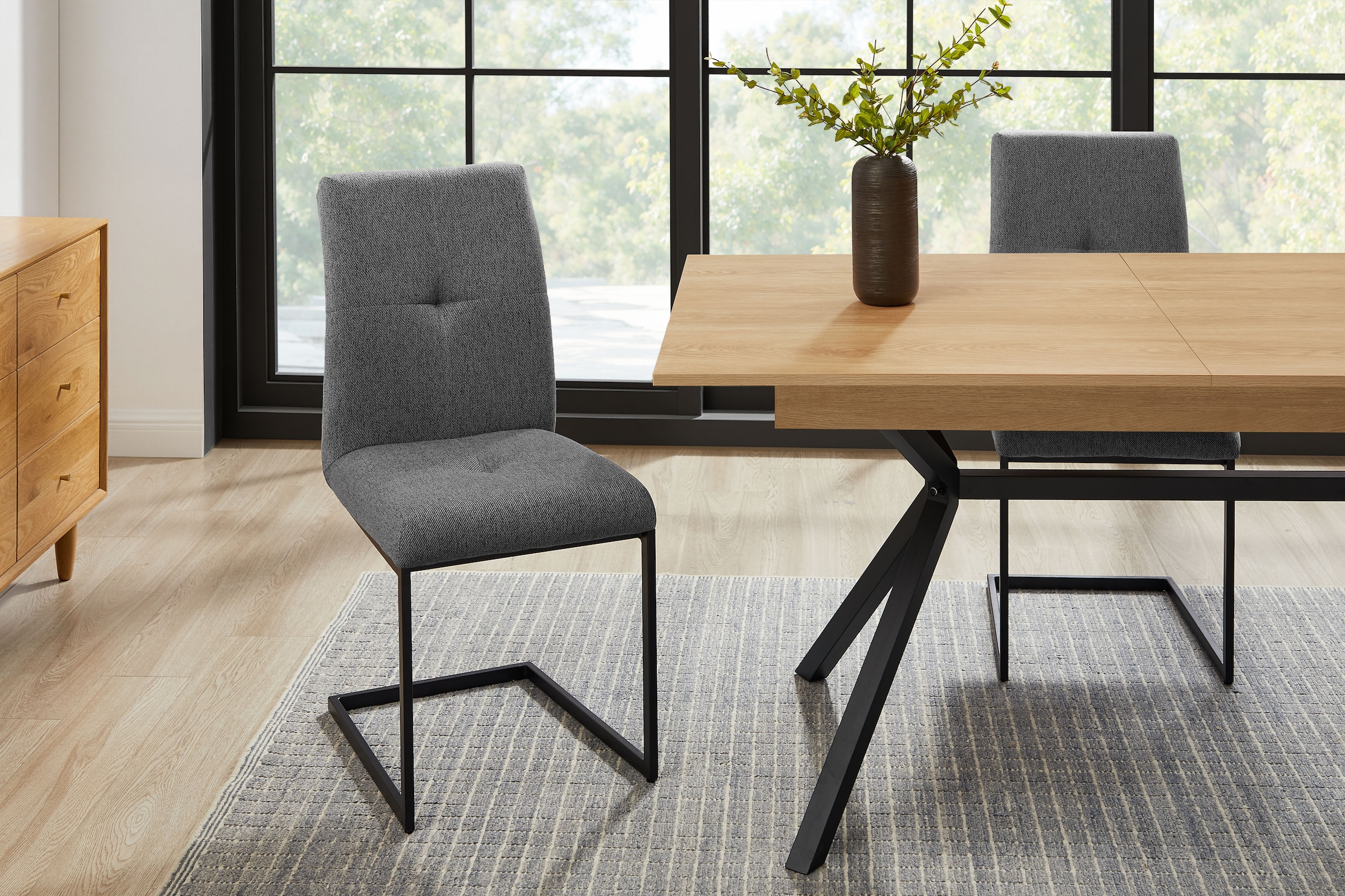 GOODproduct Ensemble de salle à manger »Vendy, Esstisch ausziehbar plus 6 Freischwinger« Set, Esstisch ausziehbar 160 - 210 cm plus 6 Esszimmerstühle, 7 cuis tlg. pflegeleichte Strukturstoff-Stühle, 3D-Steppung, ausziehbarer Tisch