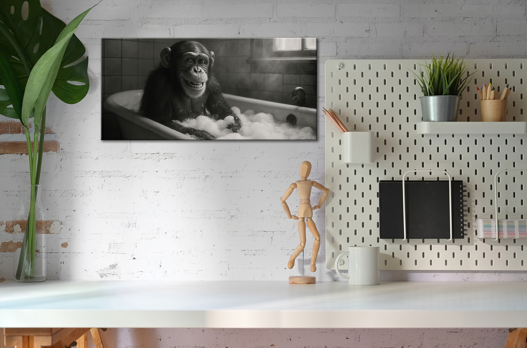 Bönninghoff Image »Wandbild SCHIMPANSE IM BAD 33x70 cm – Leinwandbild Keilrahmen Deko« Humour | Images de singes | Singes tendu sur châssis