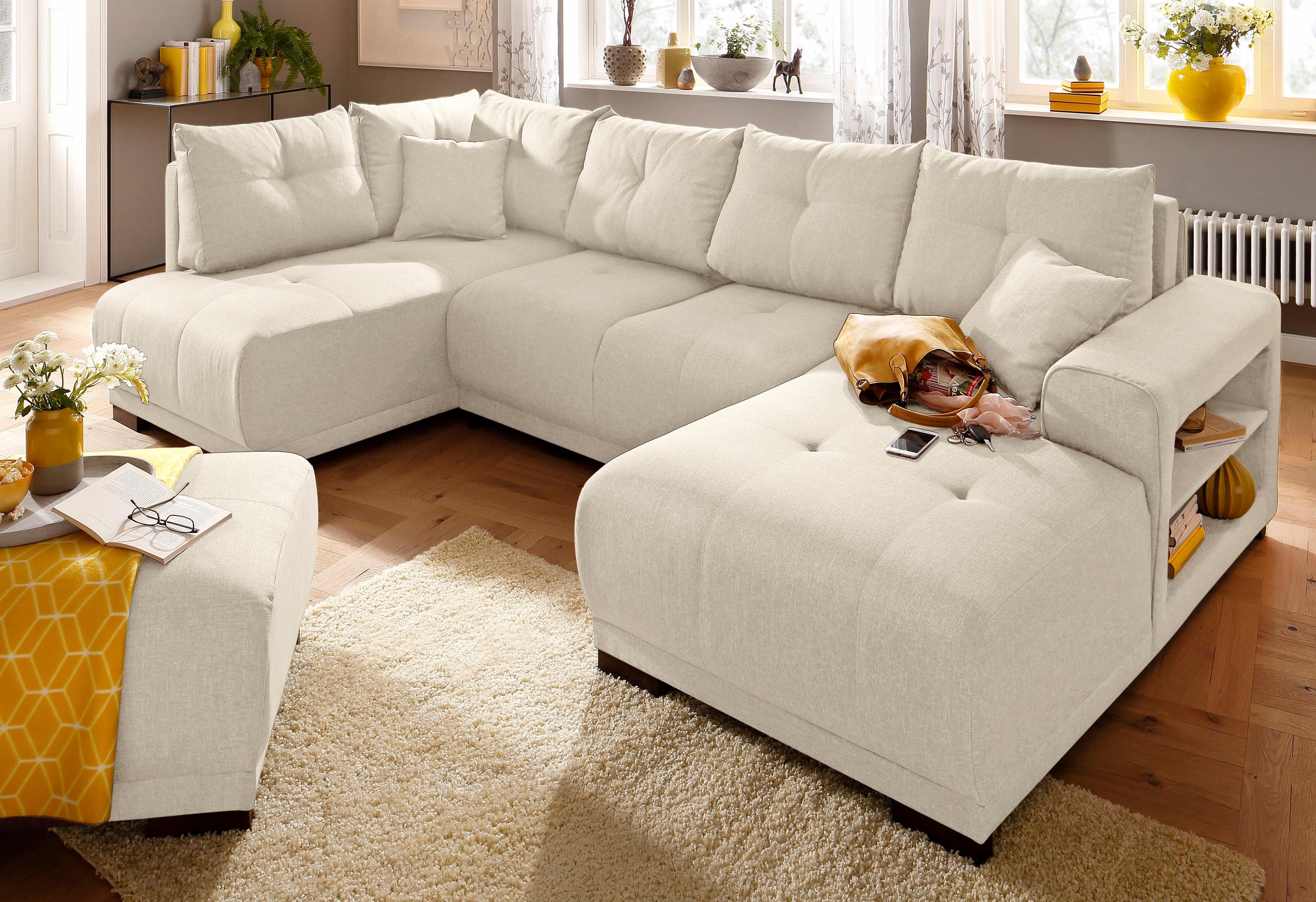 Home affaire Wohnlandschaft »Viborg U-Form« mit Regal in der Armlehne, wahlweise mit Bettfunktion