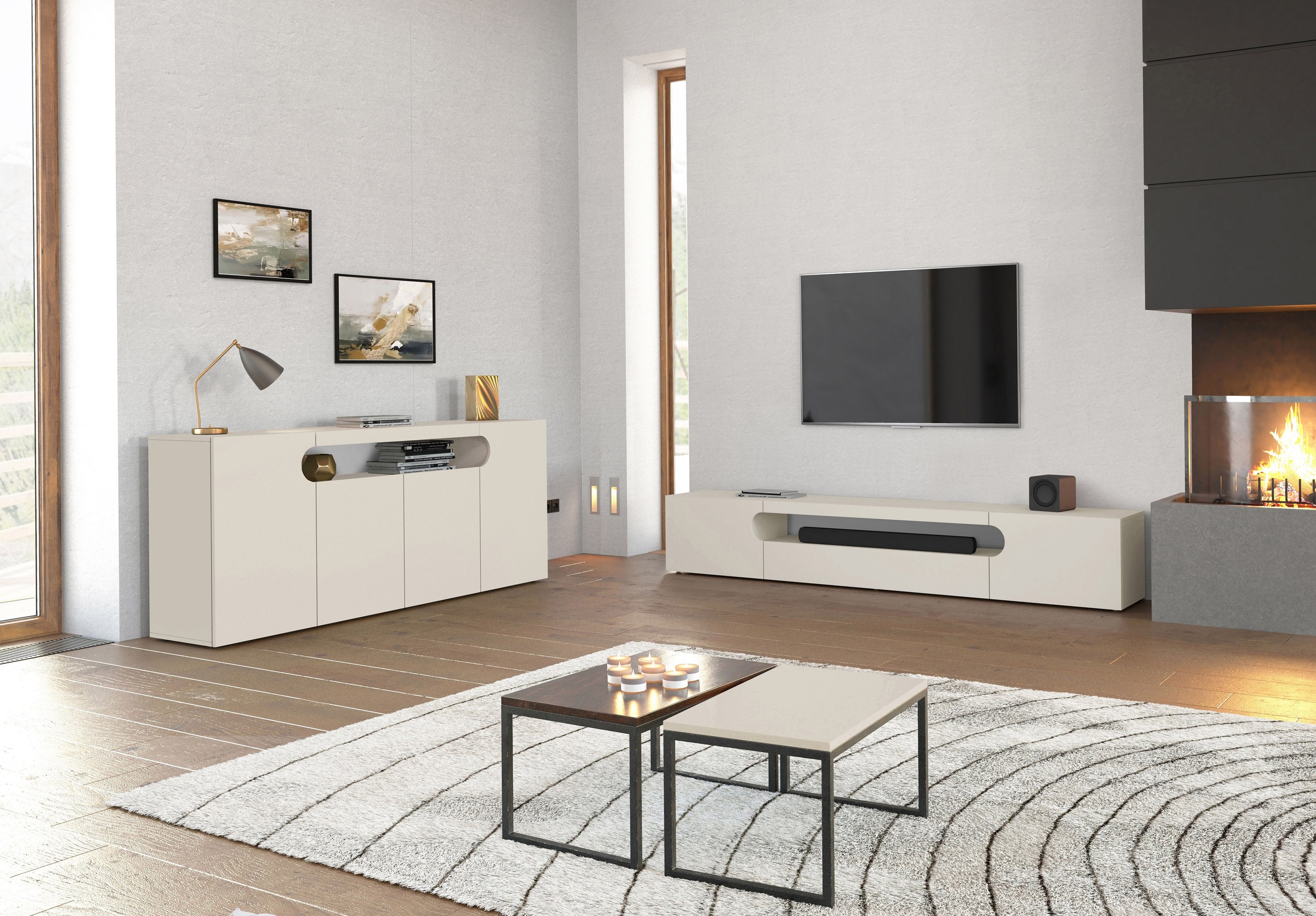 INOSIGN Lowboard »REAL TV-Möbel, 240 cm breit, 40/60 cm hoch, Hochglanz oder matt« mit 2 abgerundeten Türen, 1 Klappe, die ein ovales offenes Fach bilden