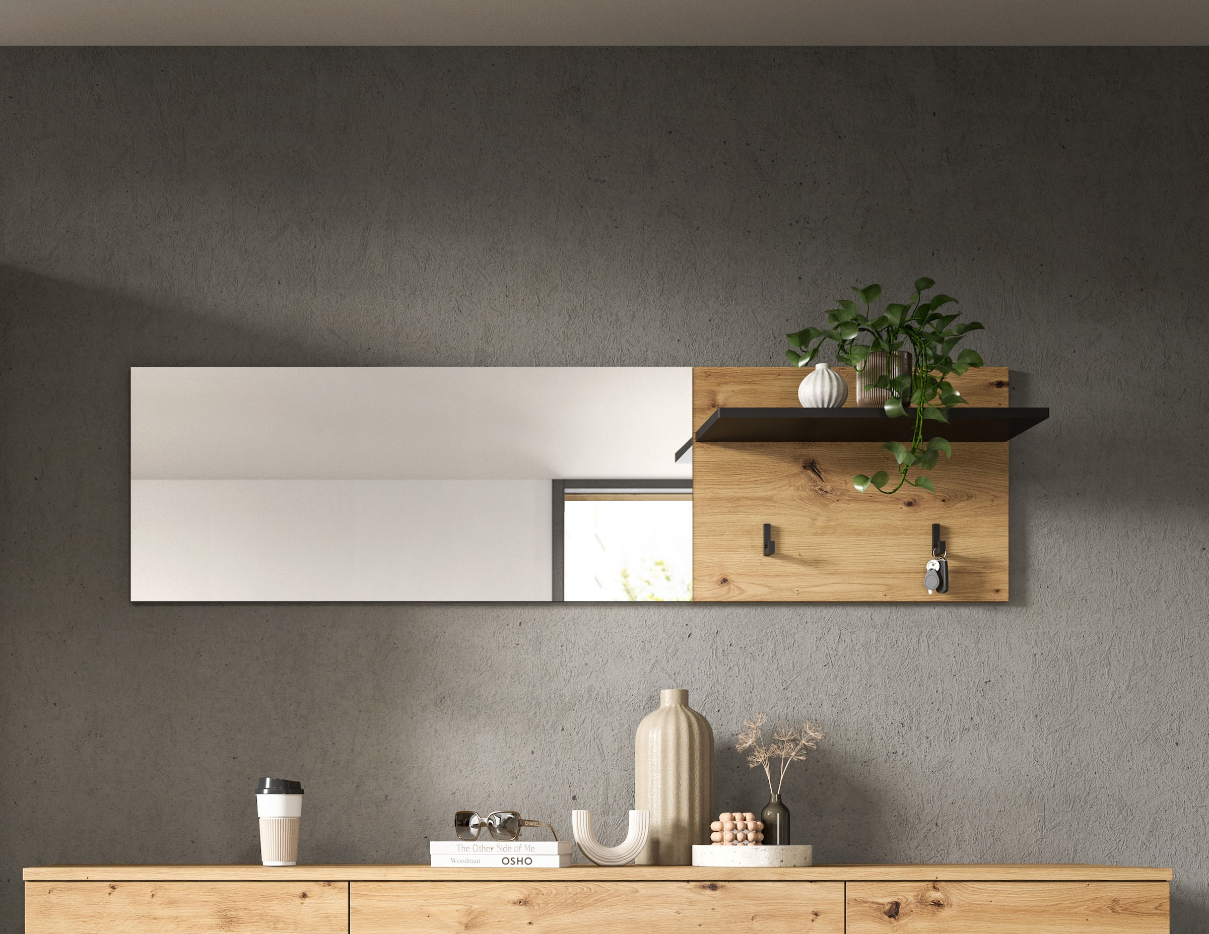 Home affaire Garderobenpaneel »REHAT, TOPSELLER!, Breite 150 cm, Hutablage, 2 Haken, Spiegel« in verschiedenen Ausführungen,  Paneel, Wandboard, Garderobe, Garderobenleiste, Garderobenboard