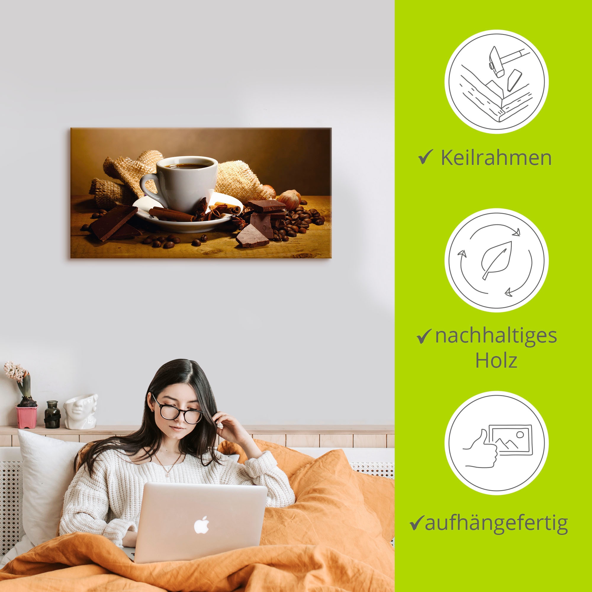 Artland Wandbild »Kaffeetasse Zimtstange Nüsse Schokolade« Getränke 1 Stk. tlg. als Leinwandbild, Poster, Wandaufkleber in verschied. Grössen