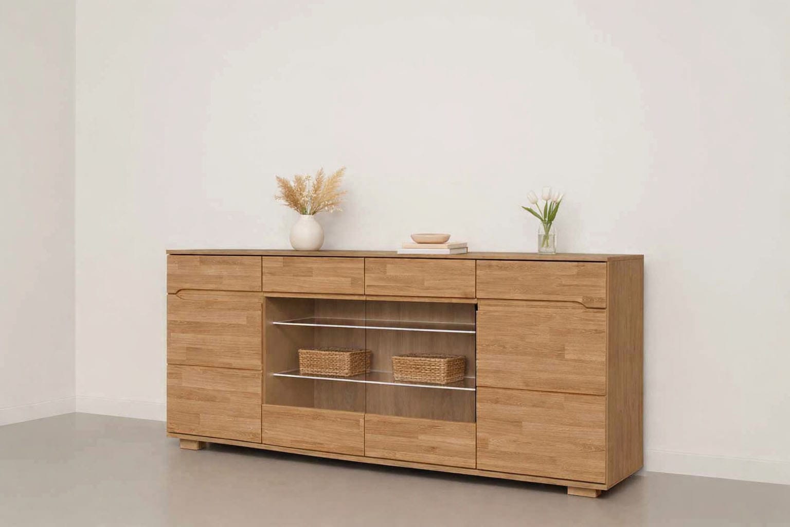 GOODproduct Sideboard »VETRO Teilmassiv, Fronten Massivholz, Wohnzimmer, Stauraum,Griffmulde« B/T/H:199/40/85cm, 2 Schubladen,  7Fächer