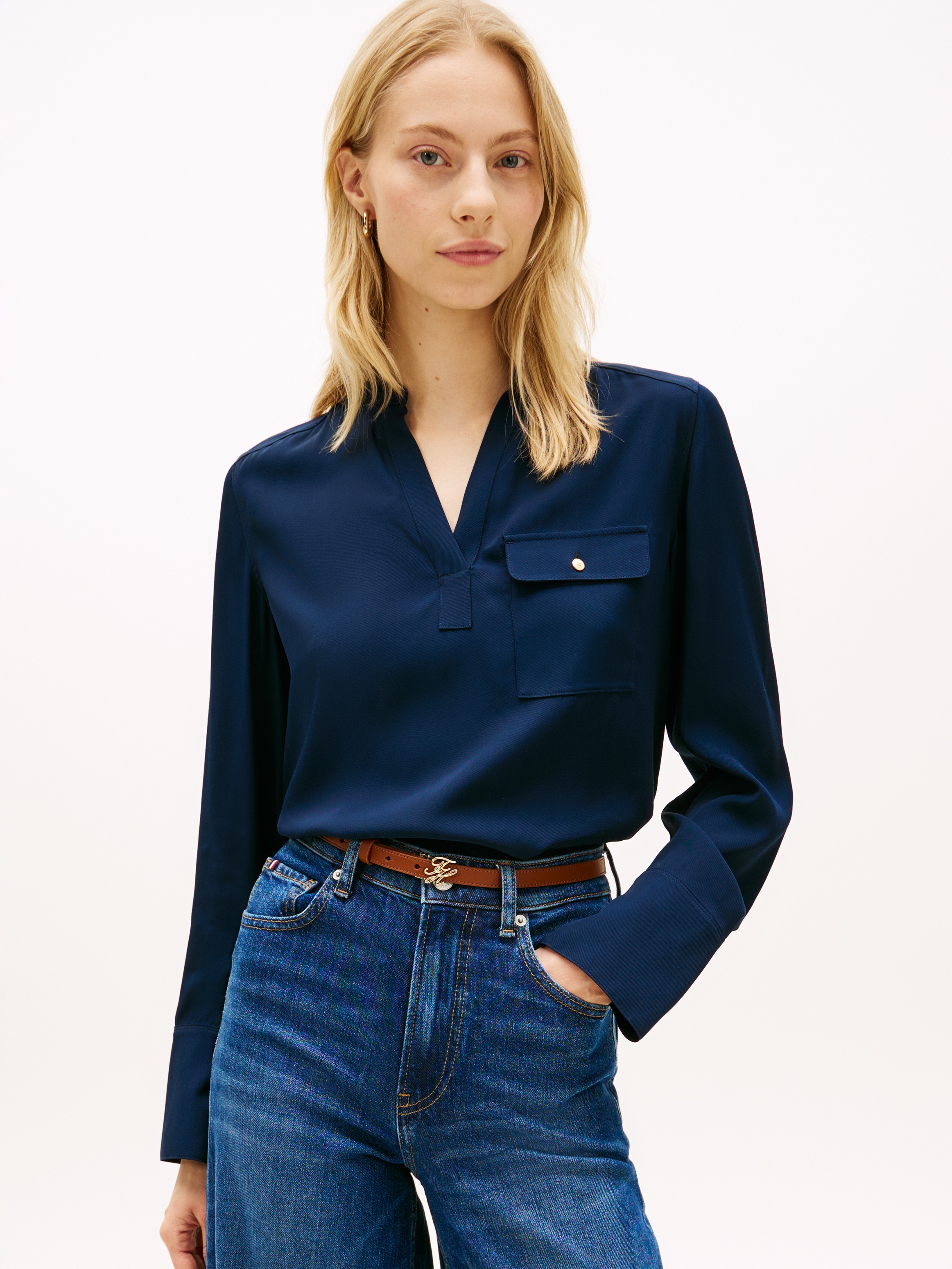 Image of Tommy Hilfiger Langarmbluse "VIS TWILL V NECK BLOUSE LS" mit Knopfleiste