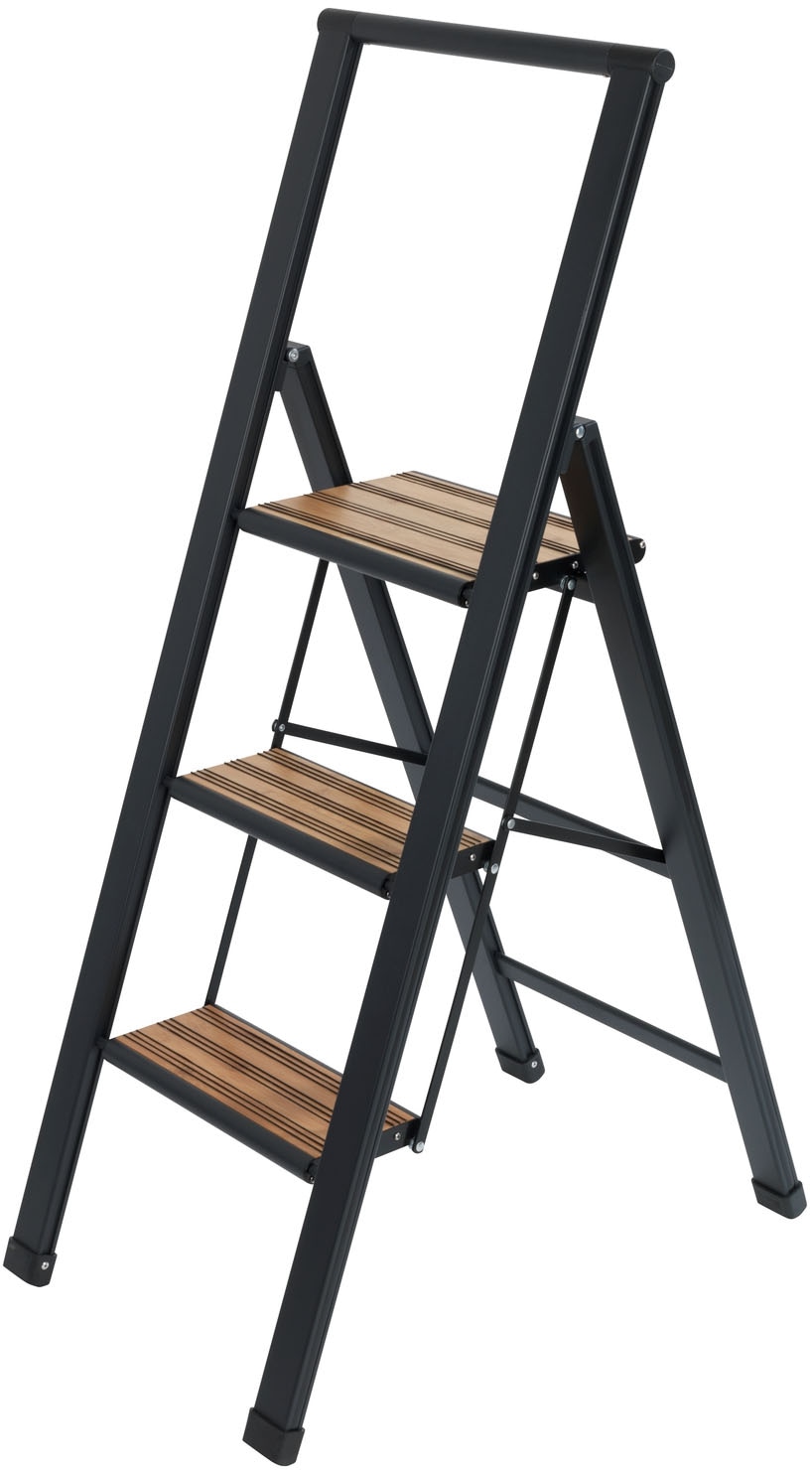 Image of WENKO Trittleiter "Modell Alu-Design" rutschsichere XXL-Stufen, robustes Aluminium in Kombination mit Bambus