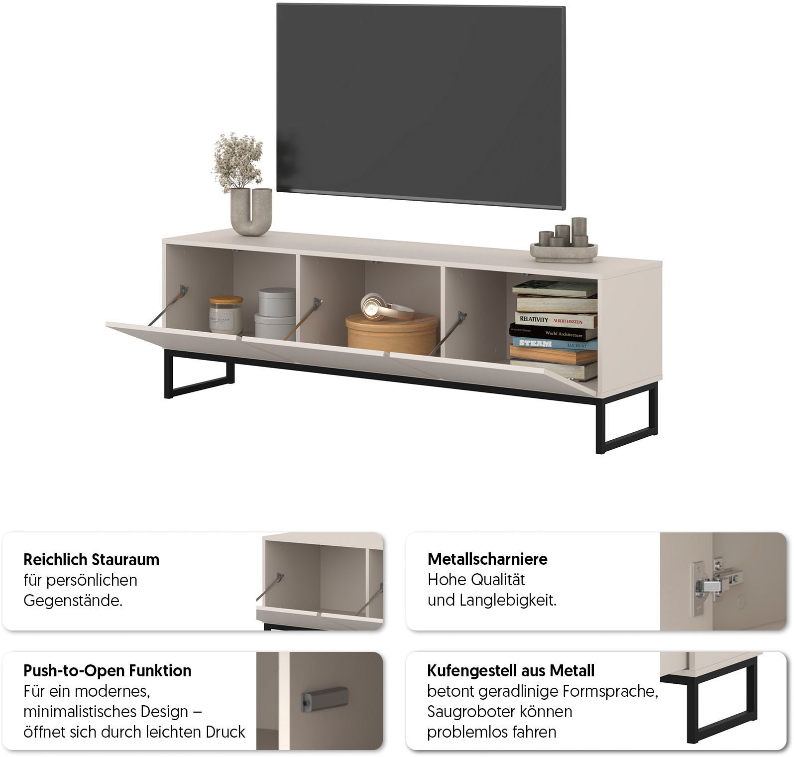 GOODproduct Lowboard »Loft, Breite 157 cm, TV-Board 3 Klappen, Metallkufen« TV-Kommode mit viel Stauraum, push-to-open-Funktion
