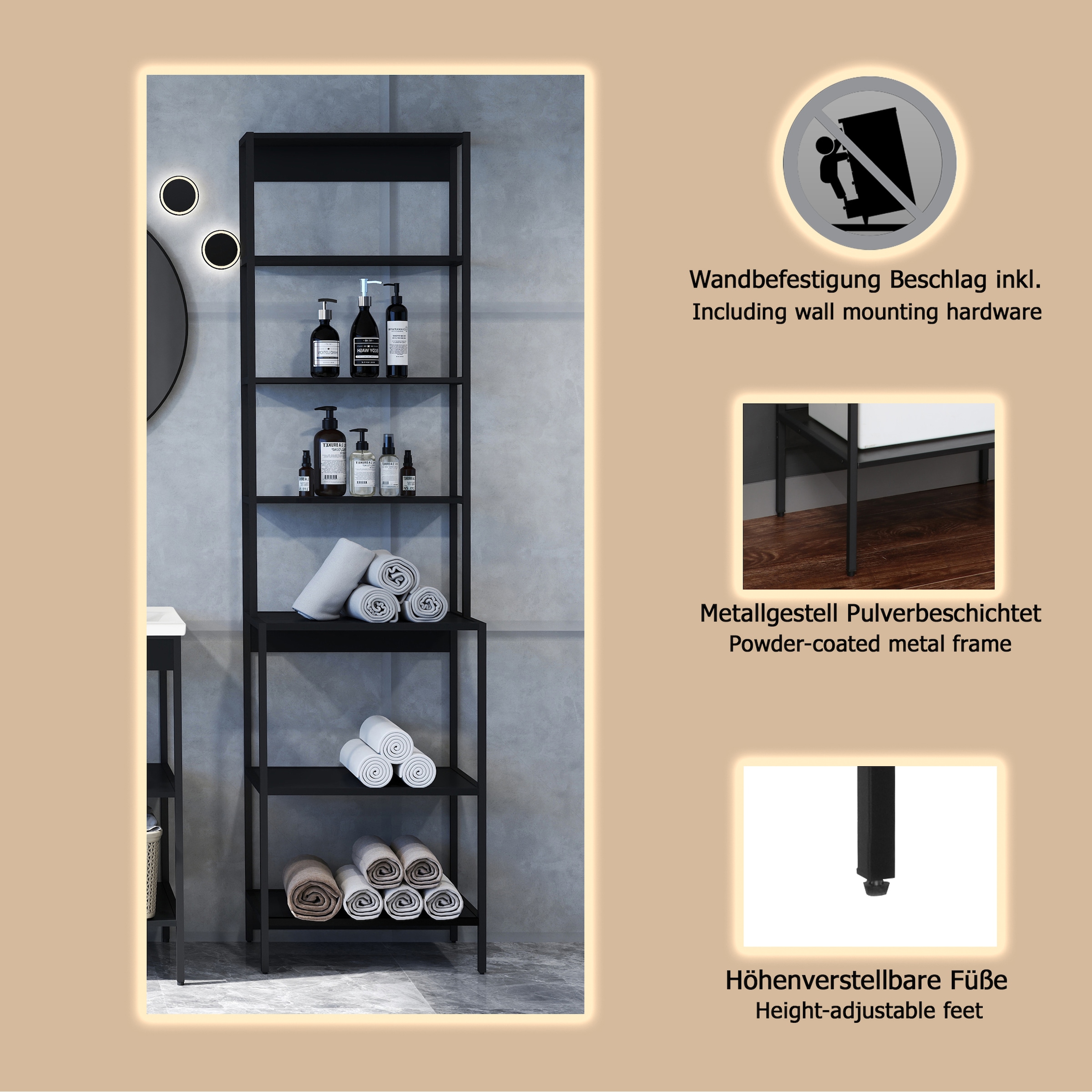 welltime Badregal »Lodi« 1 Stk. tlg. Hochregal mit Metallrahmen, 6 Böden - (B/T/H) 51/30/190 cm