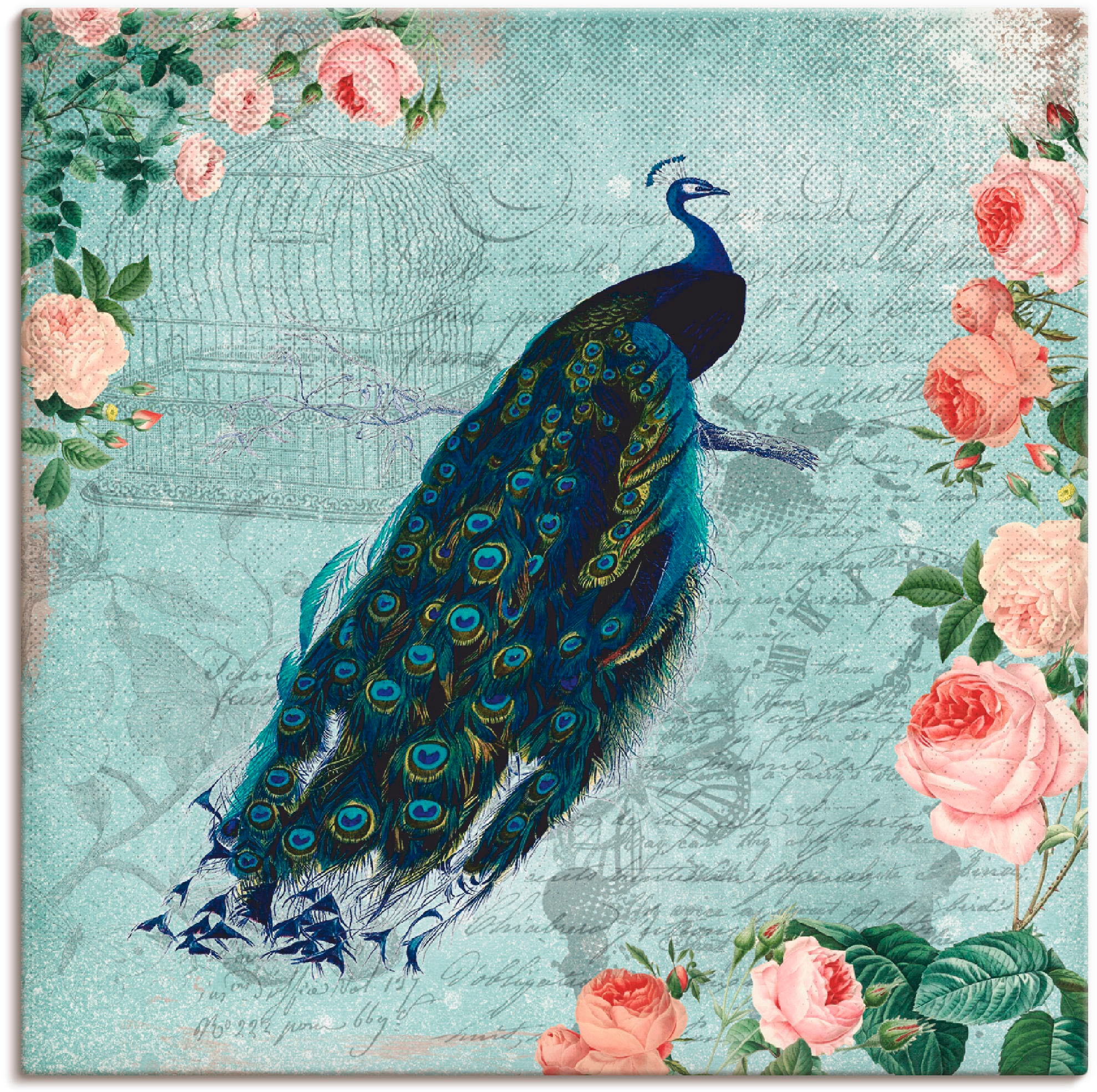Image of Artland Leinwandbild "Vintage Rosen und Pfau Illustration" Vögel 1 Stk. tlg. auf Holzrahmen gespannt