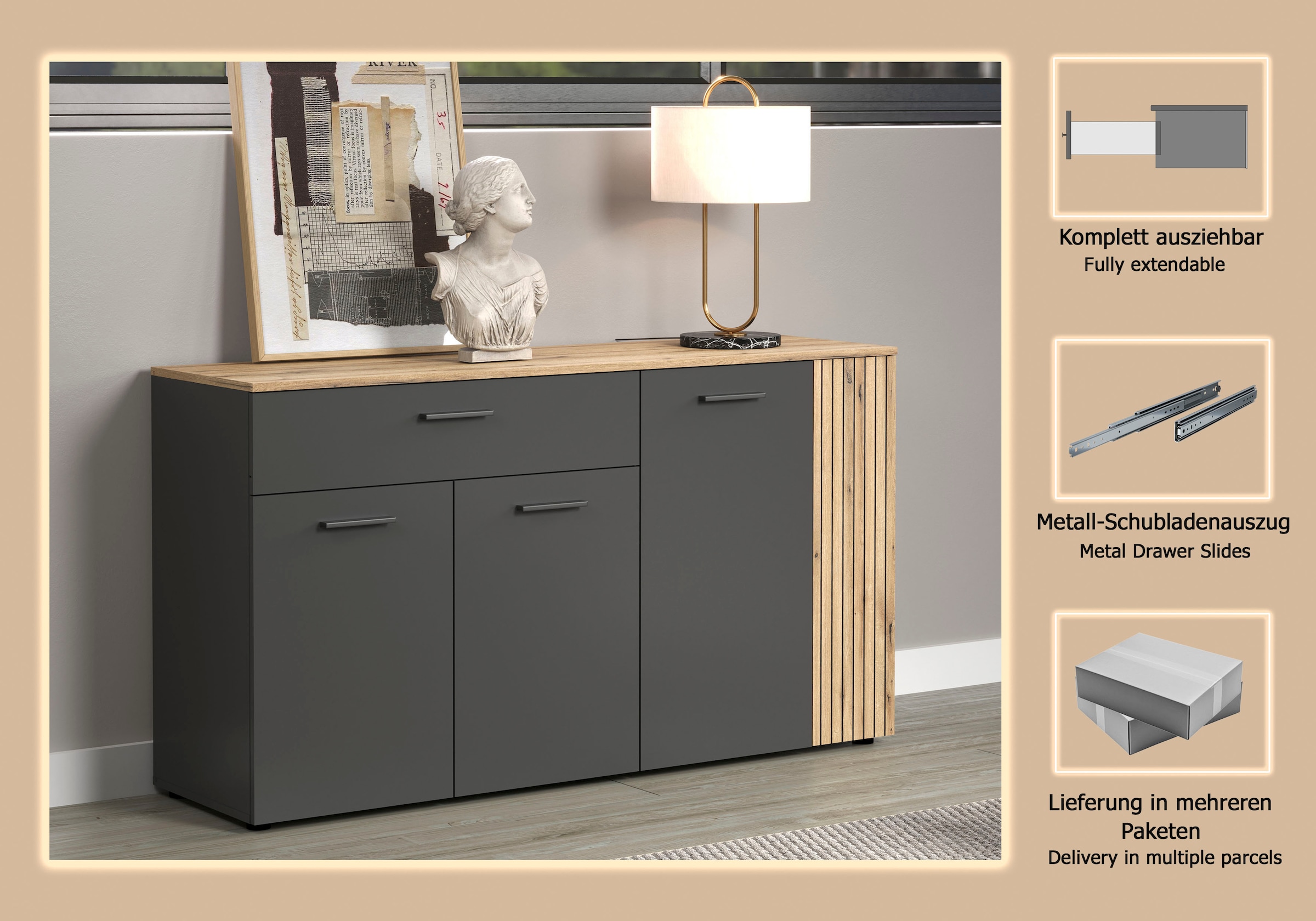 Home affaire Sideboard »Estepona« 1 Stk. tlg. Kommode, Akustikpaneel-Look; Breite 150 cm