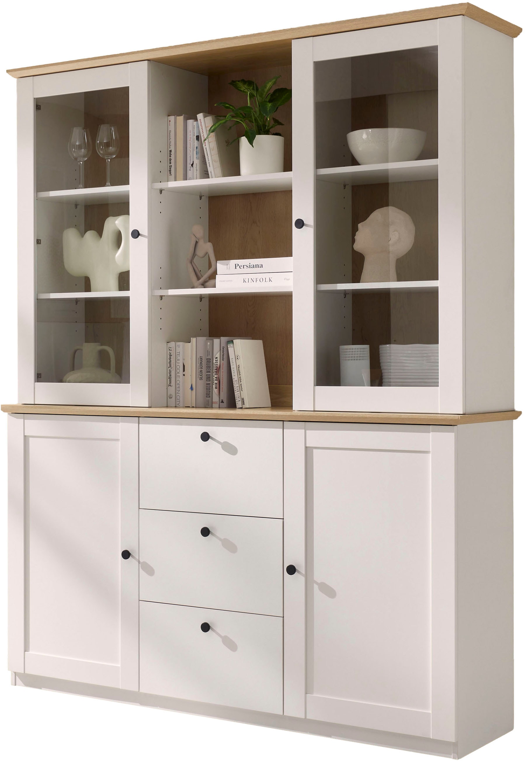 GOODproduct Buffet »Brest, Hochschrank im Landhausstil, Schrank, Küchenschrank« poignées en métal noir, beaucoup d'espace de rangement, portes vitrées, 164 cm de large